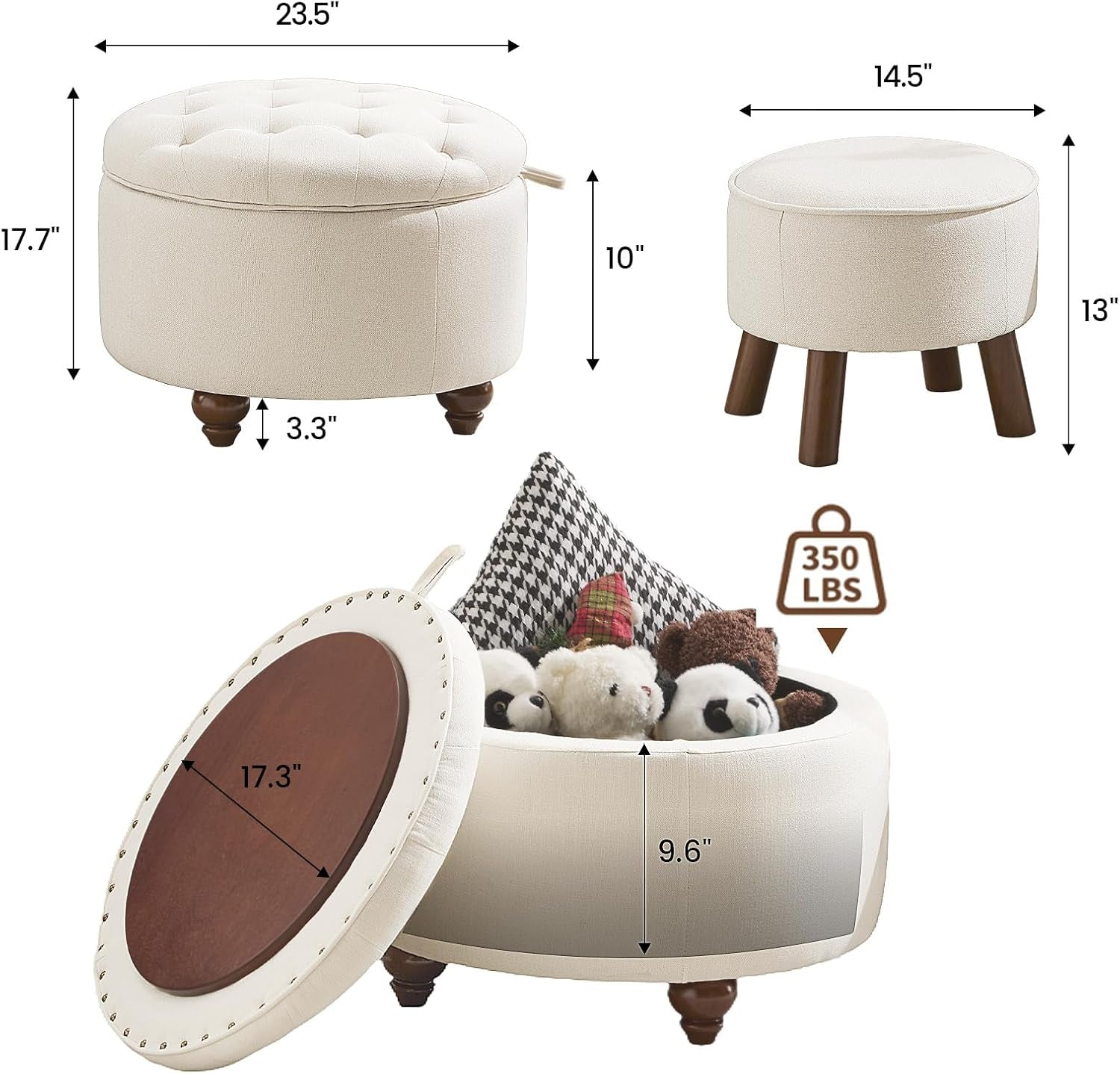 24 Inch Round Beige Storage Ottoman Removable TopWith Storage-2
