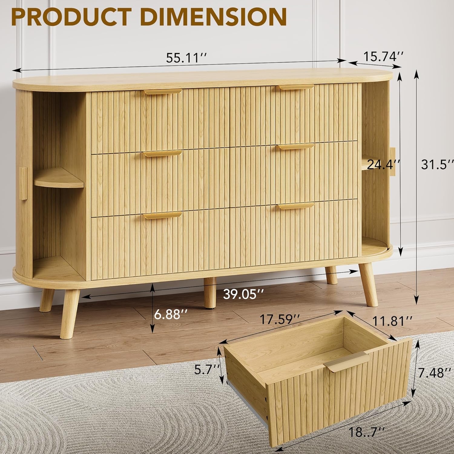 FiftyFiveInch Natural Oak Dresser With Sliding Compartments-1