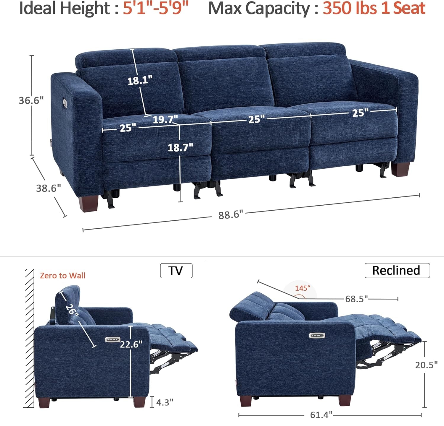 Navy Blue Zero Wall Hugger Power Reclining Sofa USB Ports-2