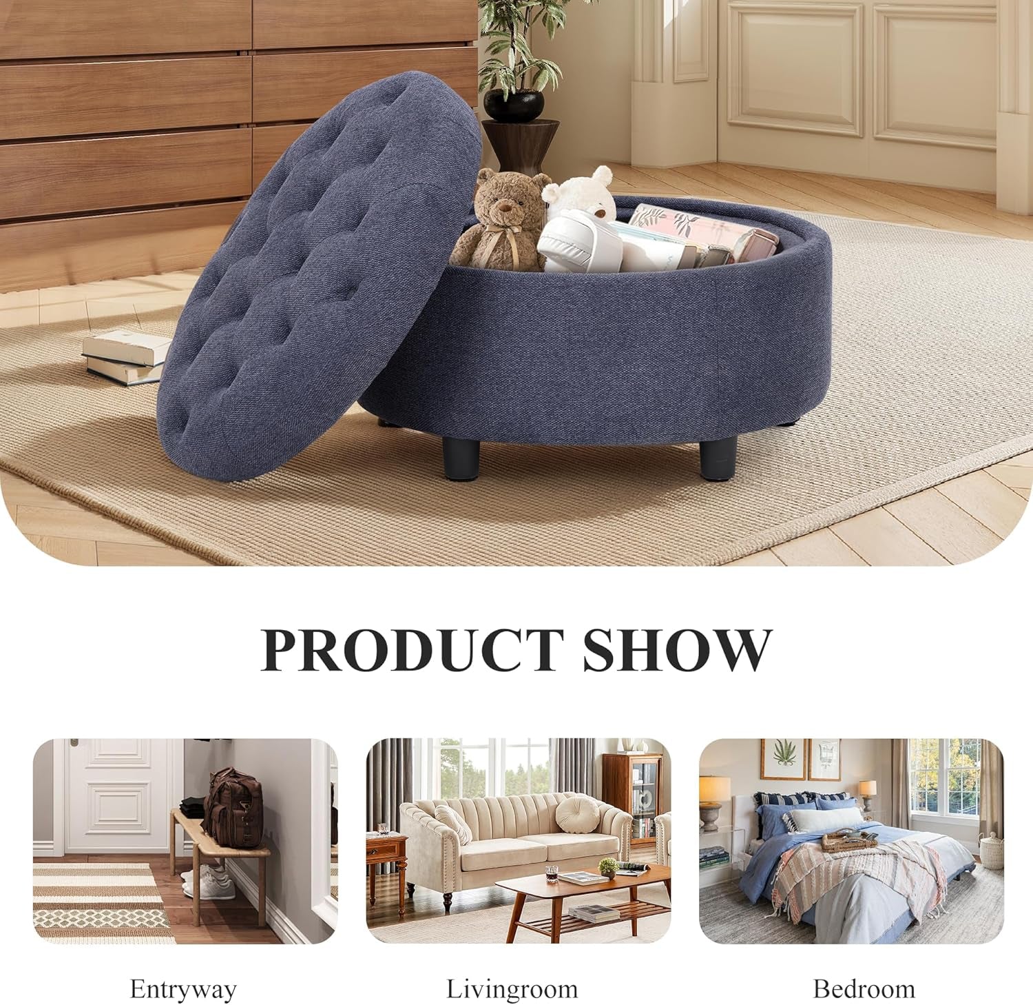 Blue Upholstered Circular Storage Ottoman With Tray-4