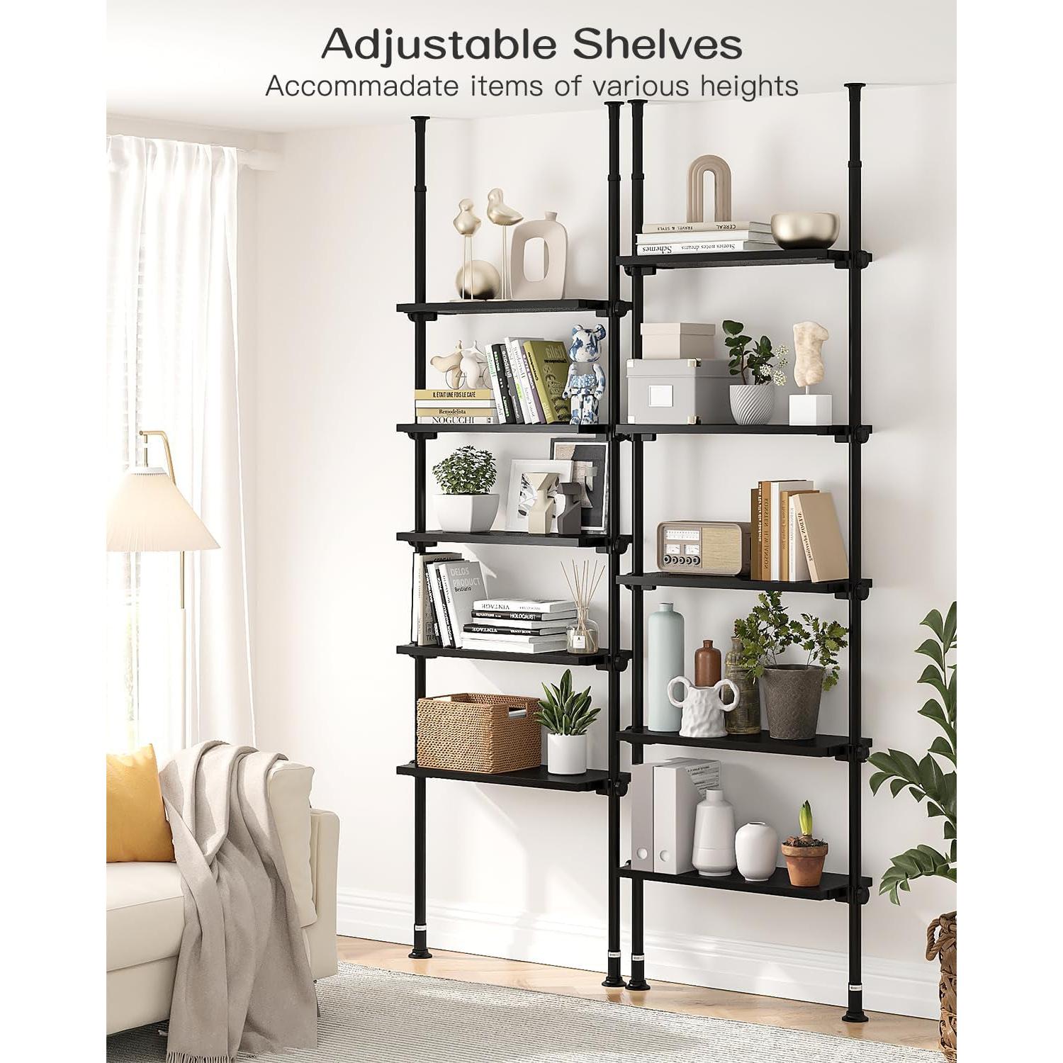 5 Tiers Narrow Bookshelf, Tall Adjustable Ladder Book Shelf with Open Storage, Floor to Ceiling Tension Mount, Wooden Industrial Bookcase for Living Room, 92 to 116 Inch, Black-2