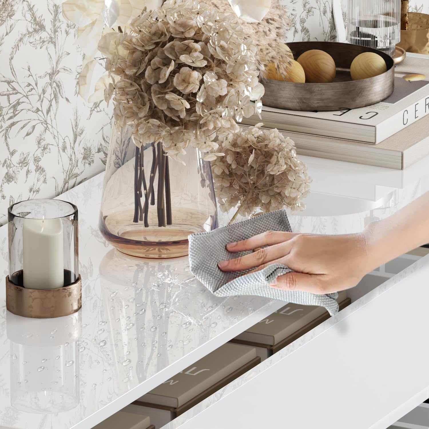 White Drawer Dresser with LED Light, Modern High Gloss Dresser with 8 Drawers, 63" Long Dresser Double Dresser Storage Chest of Drawer for Bedroom, Living Room, Entryway-4