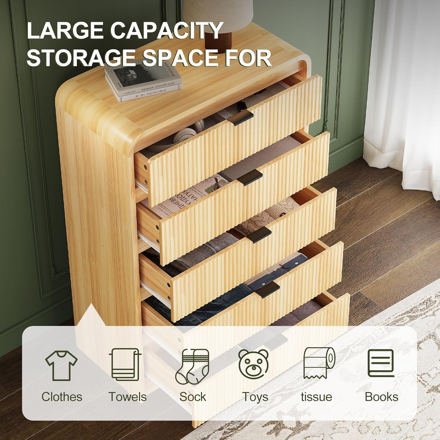 Natural Oak 48-Inch Modern Wooden Dresser with 5 Drawers-2