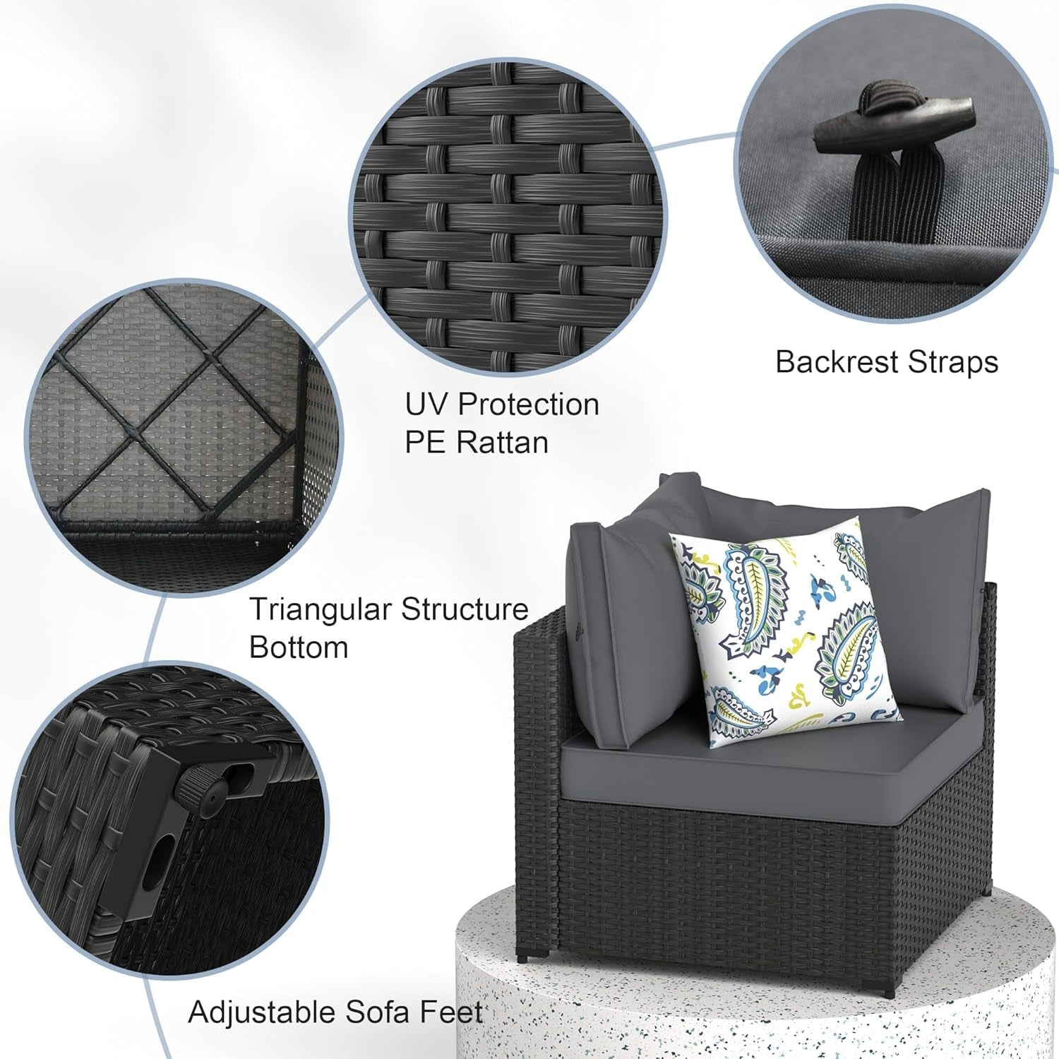 5 Piece Patio Furniture Set Waterproof Rattan Grey Cushions-3