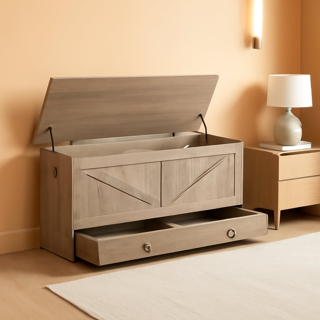 SolidWoodFinish Storage Bench Greige 43Inch Drawer-0