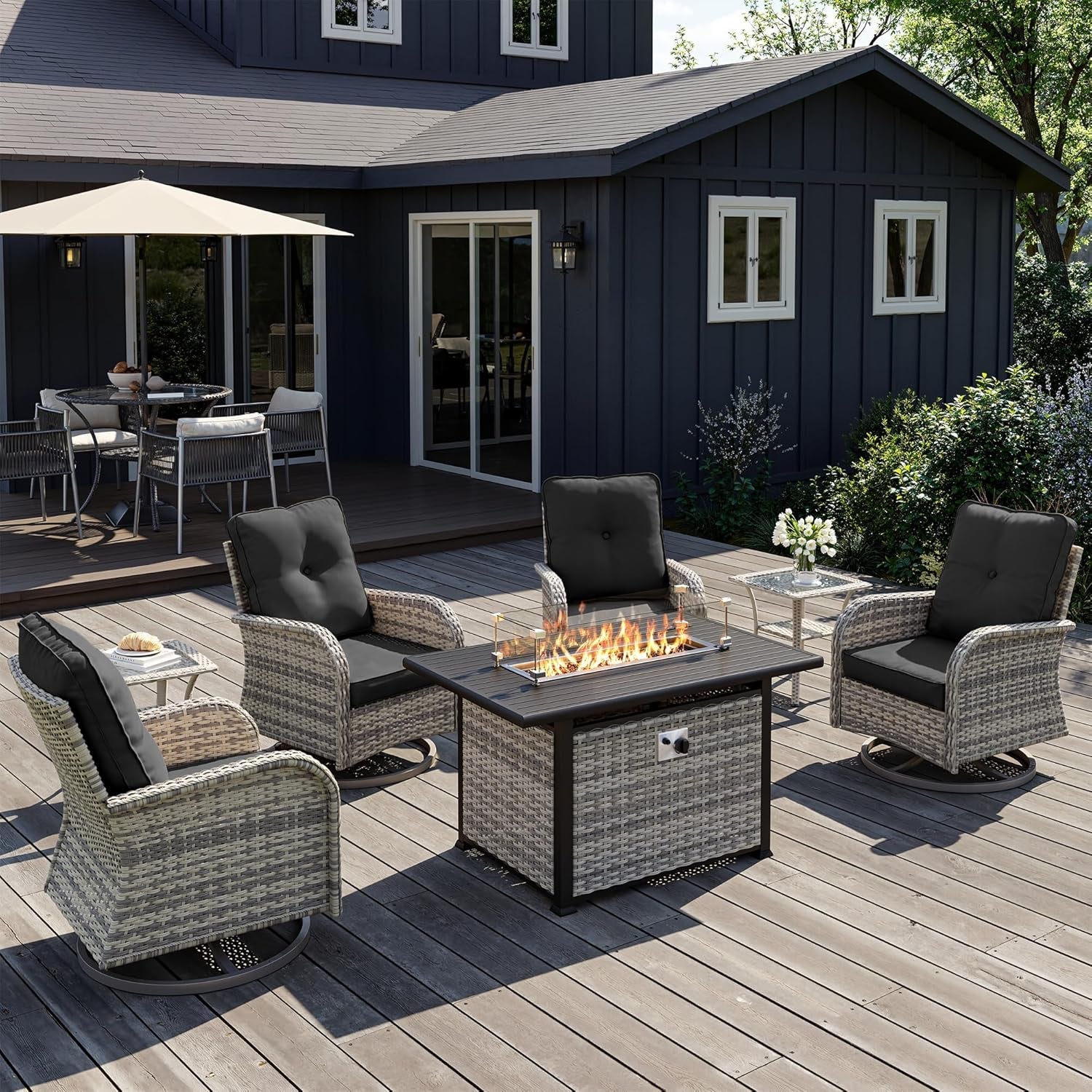 Outdoor Patio Wicker Rattan Swivel Rocking Chair Set-0
