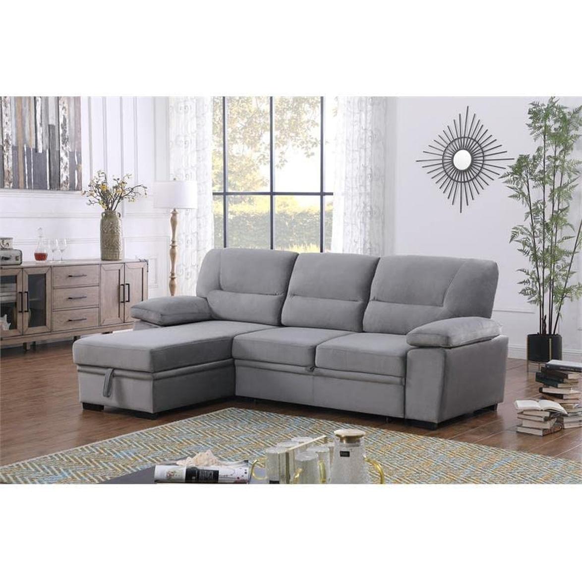 Gray Velvet Reversible Sleeper Sectional Sofa With Storage-1
