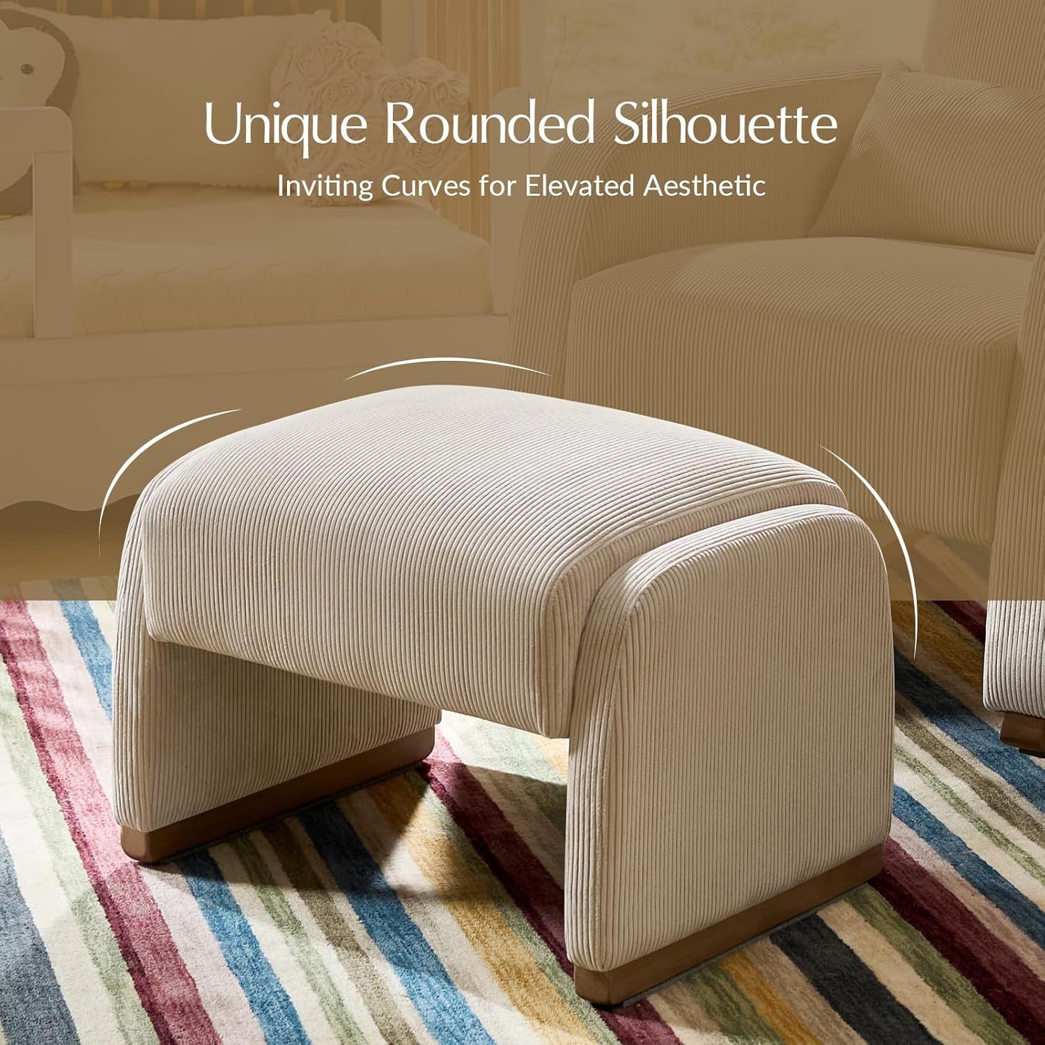 Beige Corduroy Ottoman With Contemporary Wood Legs-4