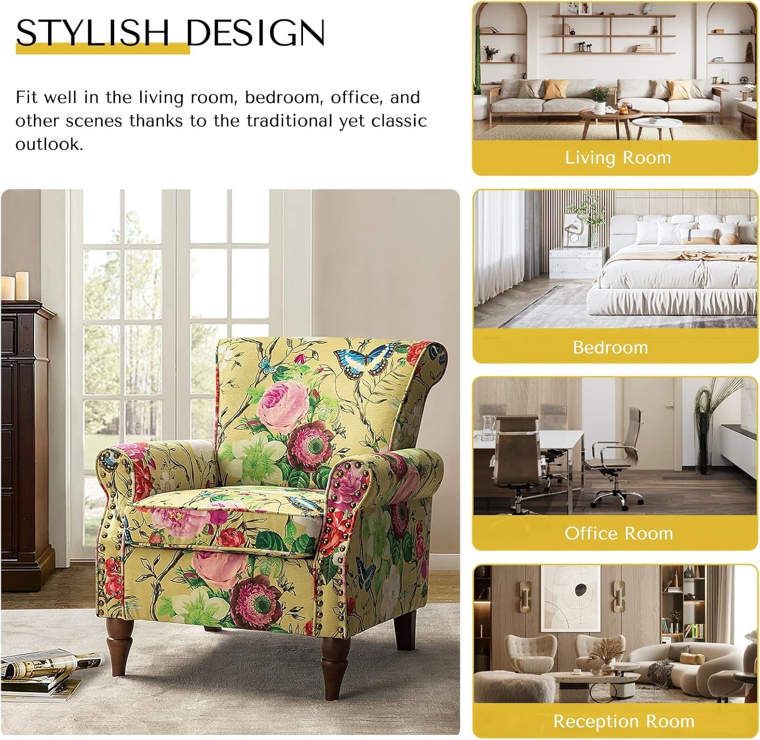 Mustard Floral Wingback Accent Chair With Wood Legs-4