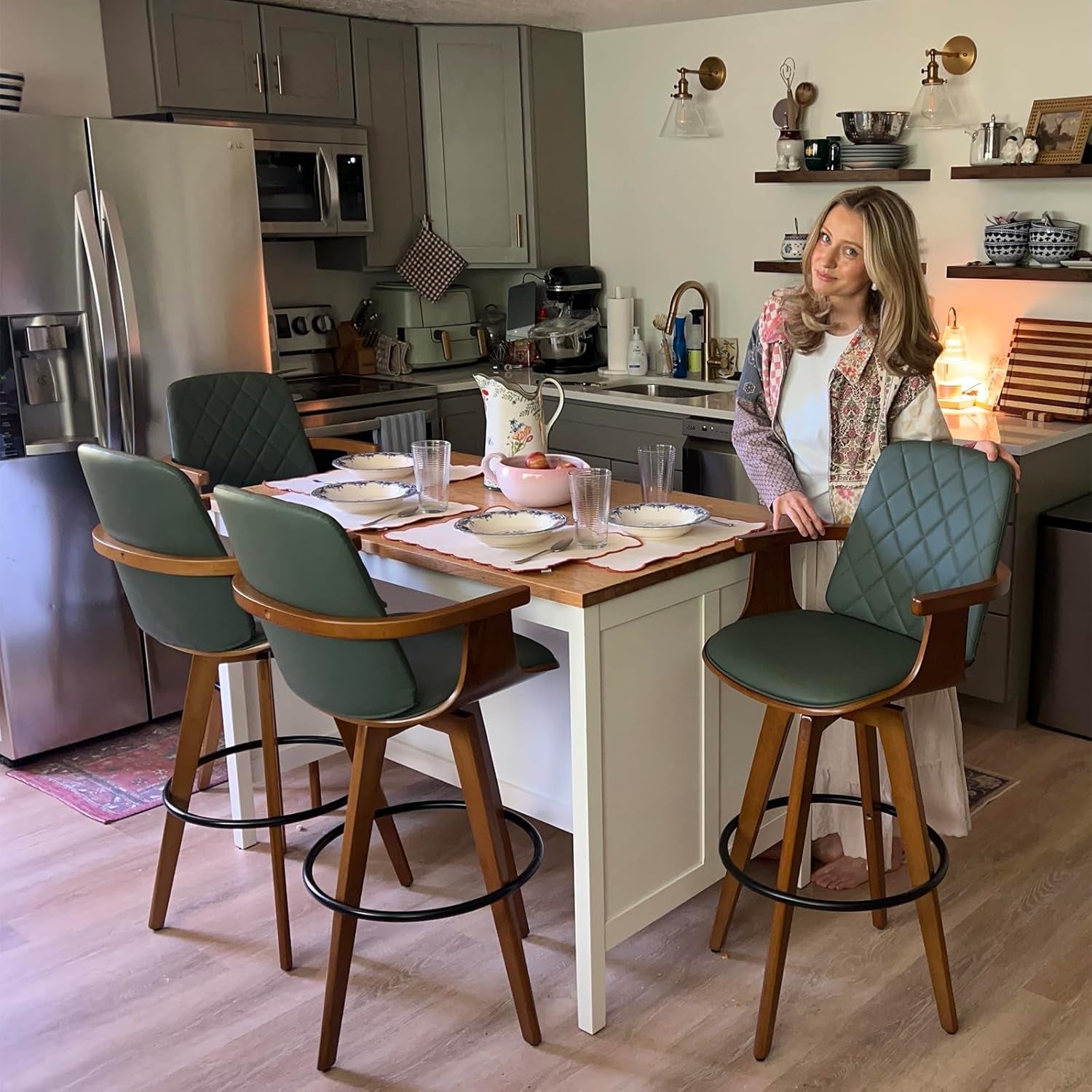 Set of 2 Bar Height Bar Stools - 30 Inch Swivel Bar Stools with Curved Back and Arms, Walnut Craftsmanship, Upholstered Seat, Mid Century Barstools for Bar/ Pub/Island/Coffee (30" Seat Height, Green)-3