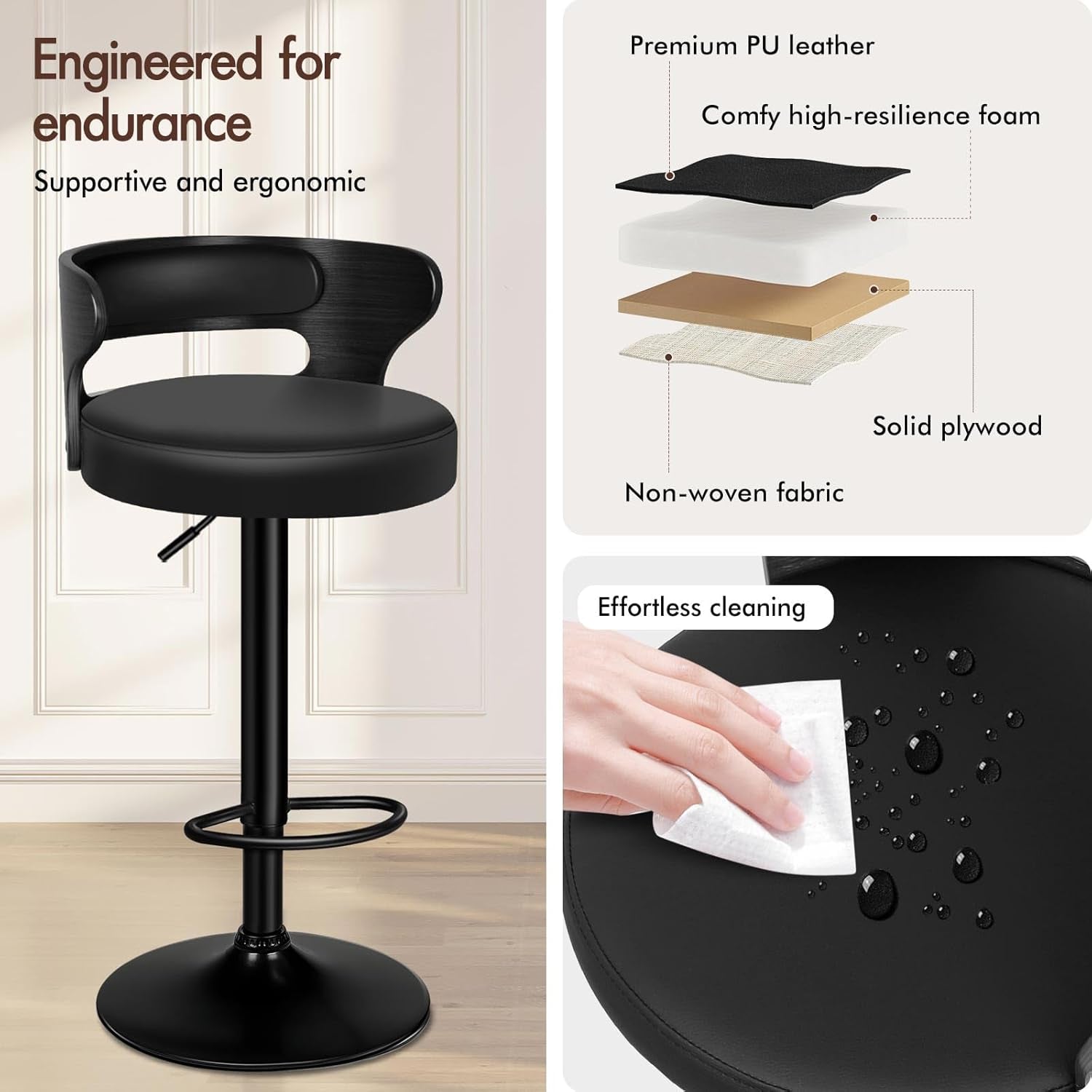 Adjustable Swivel Bar Stools Set of Two Black-2