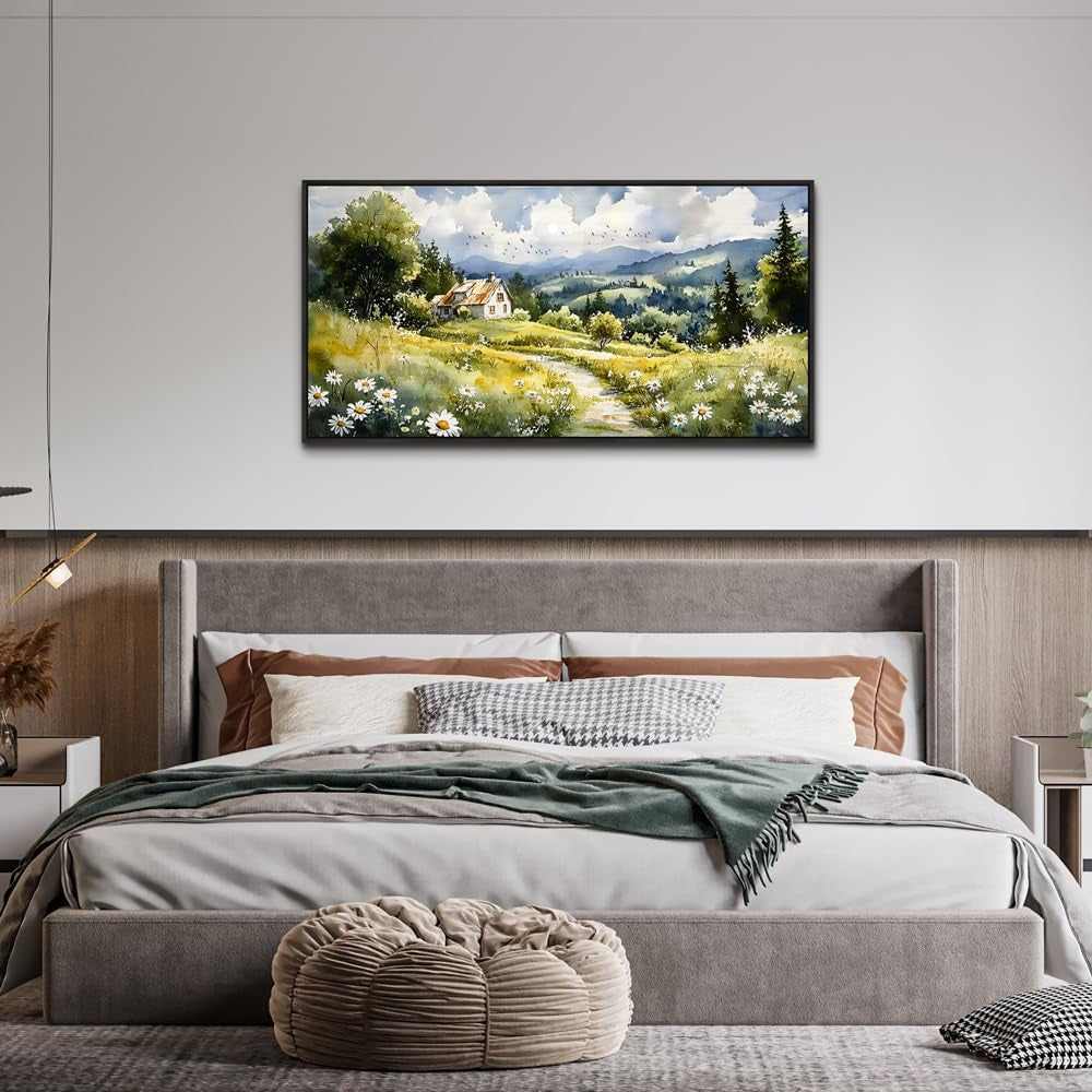 Black Framed Canvas Art work 20x40 Pastoral Land scape-2