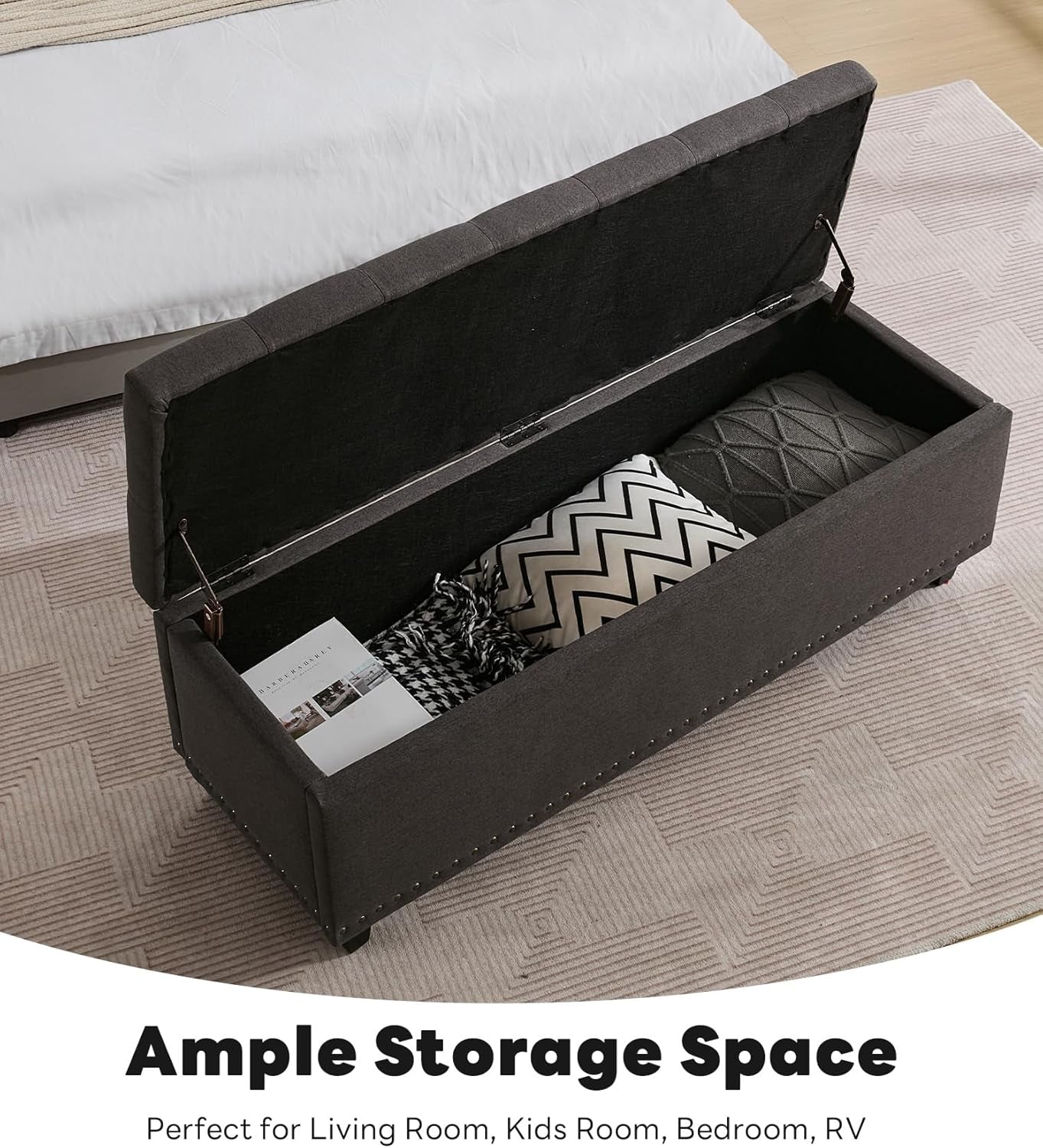 50.8 Inches Gray Upholstered Storage Ottoman Bench-3