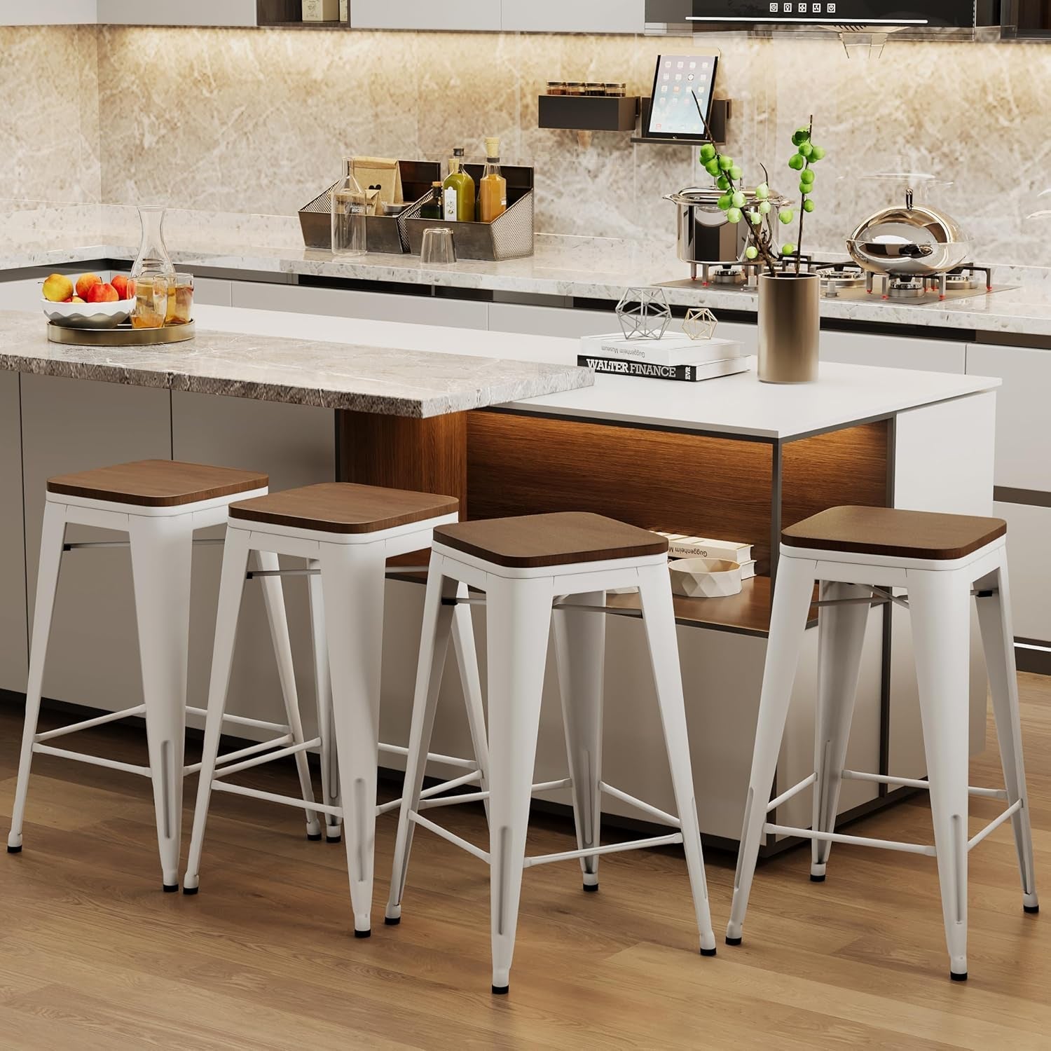 Metal Bar Stools Set of Four Backless Stackable Design-0