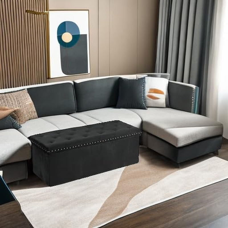 Black Premium Velvet Storage Ottoman Bench Bedroom-4