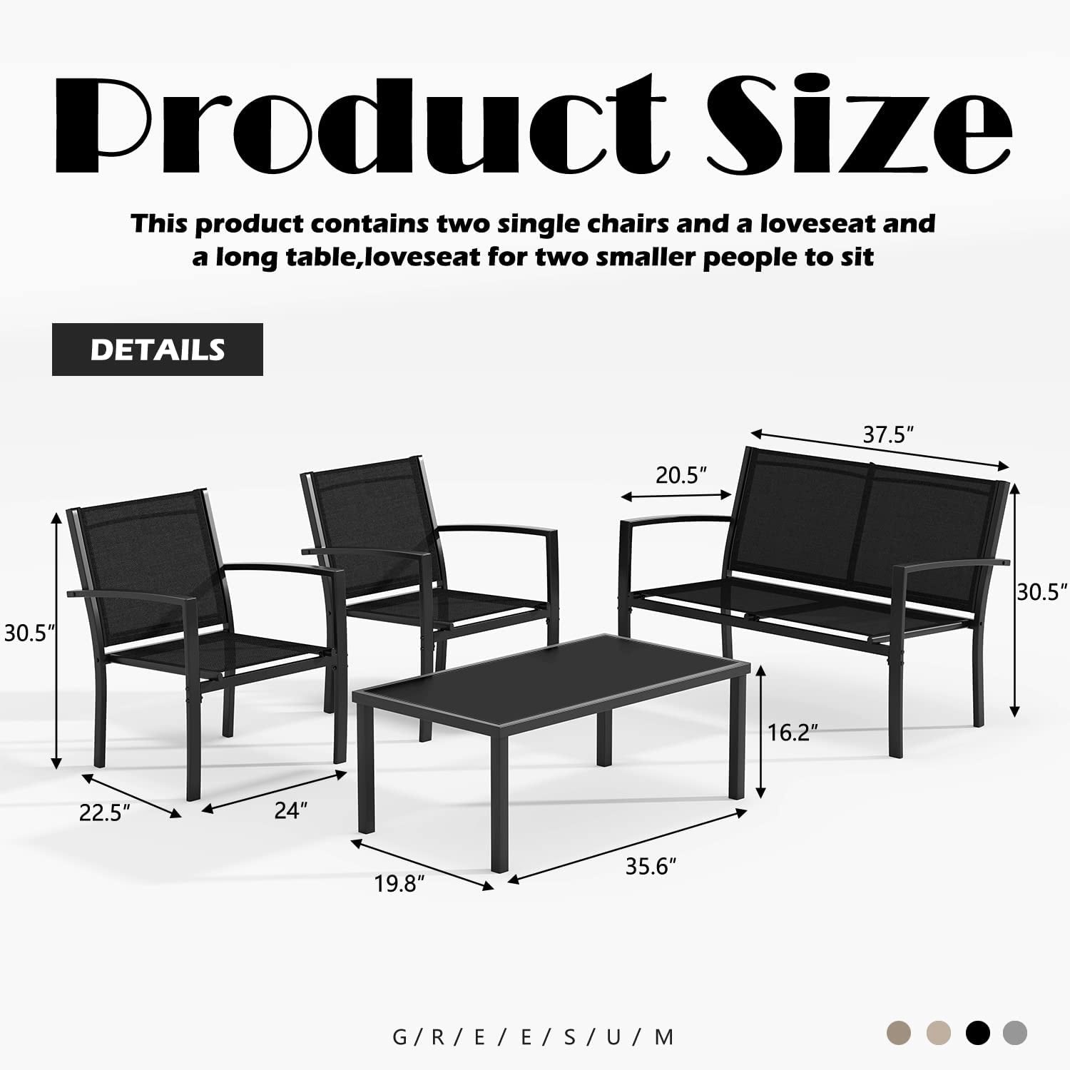 4 Piece Black Patio Furniture Set Outdoor Lounge Chairs-3
