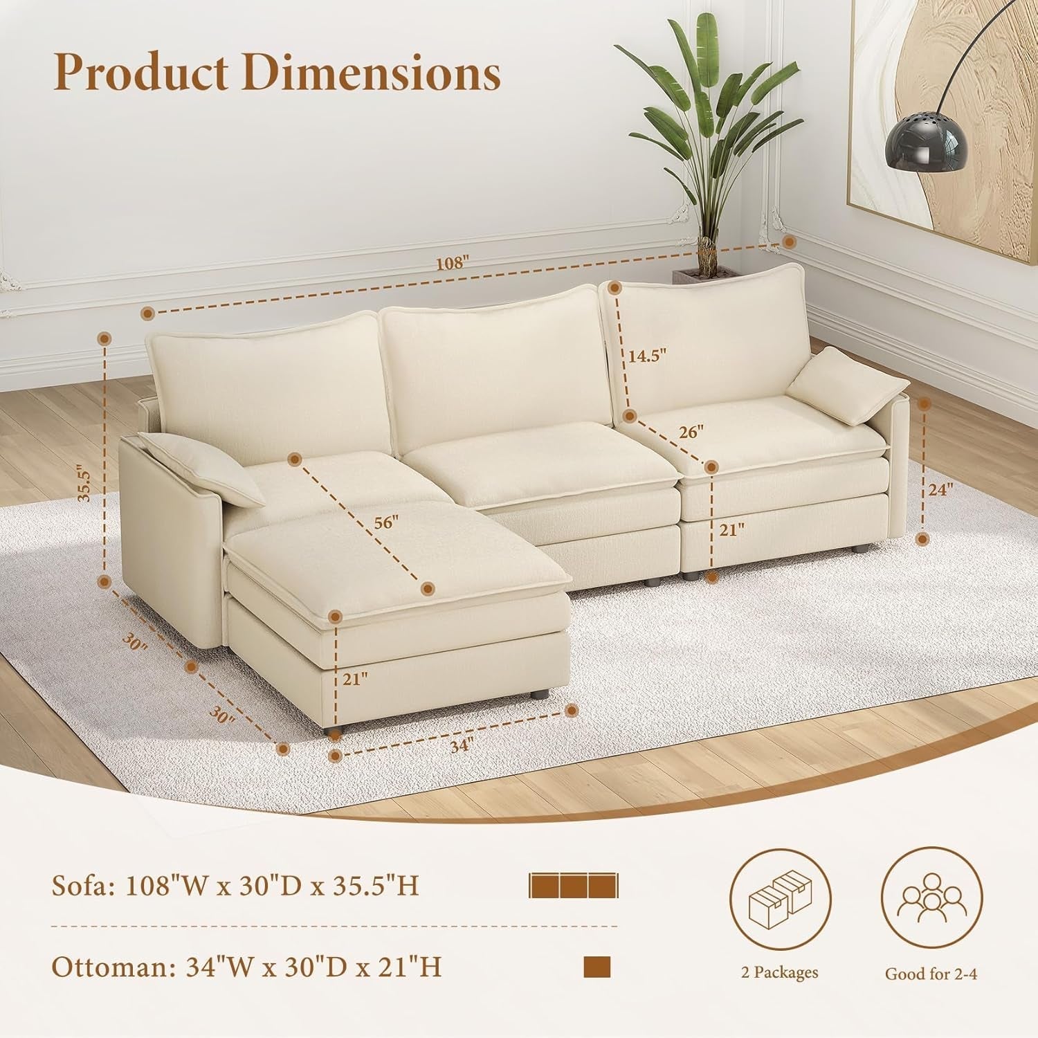 Comfy 108 Inch Modular Sectional Sofa With Ottoman-1