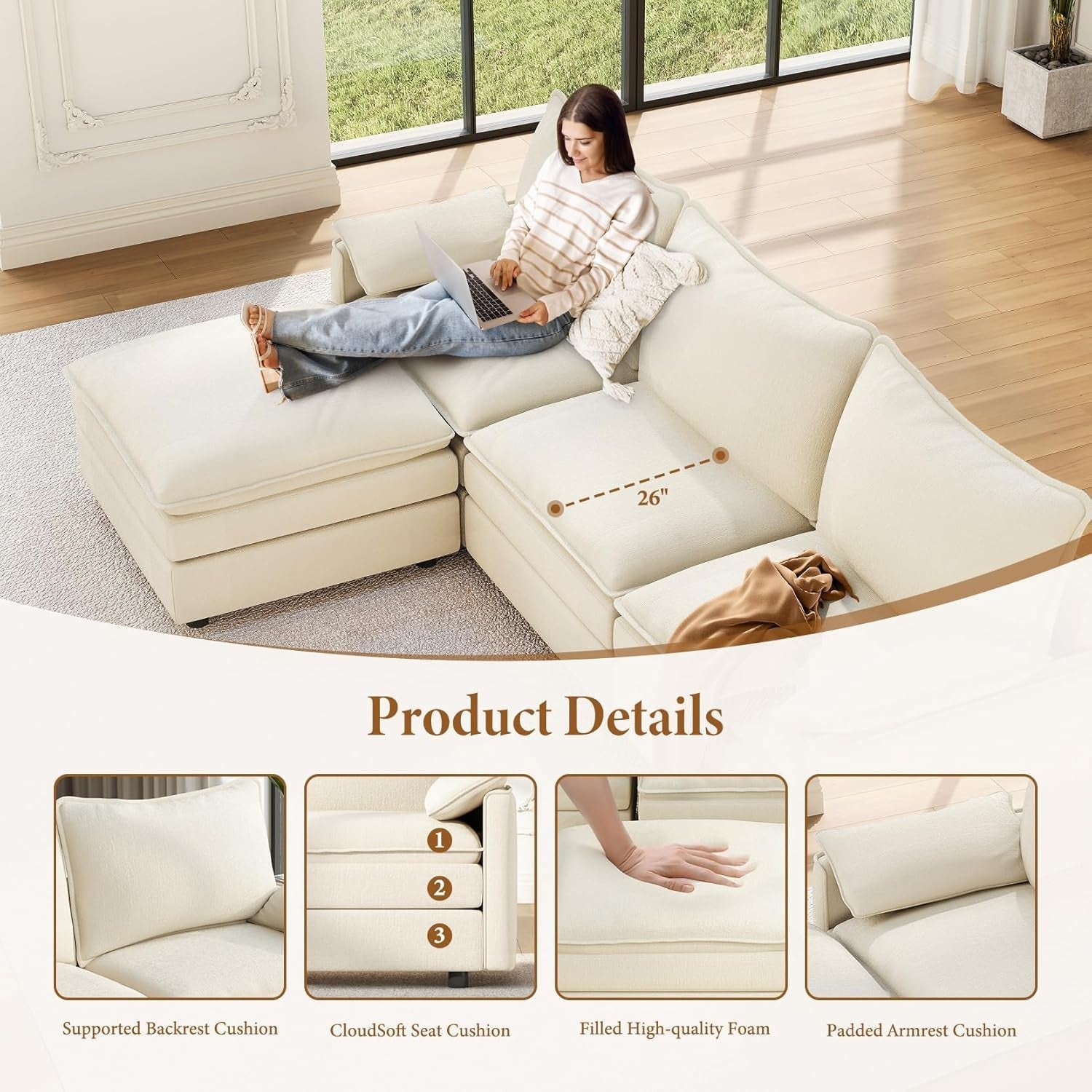 Comfy 108 Inch Modular Sectional Sofa With Ottoman-3