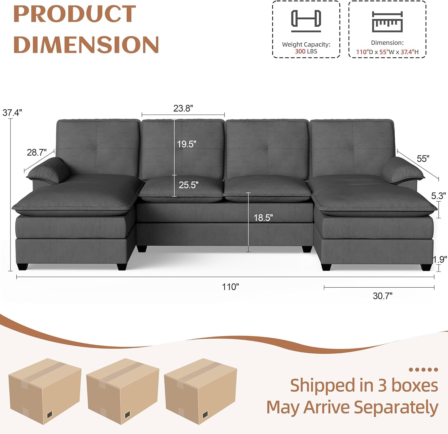 Comfy U-Shaped Sectional Couch with Chaise and Ottoman-1