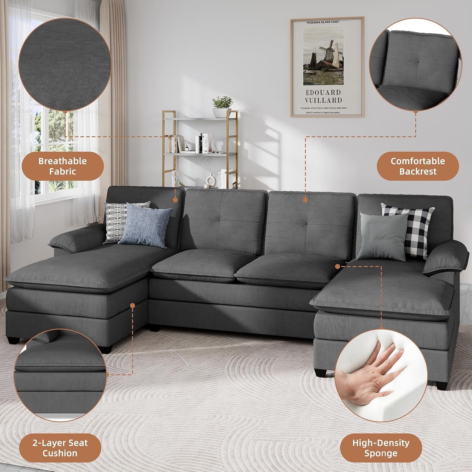 Comfy U-Shaped Sectional Couch with Chaise and Ottoman-2