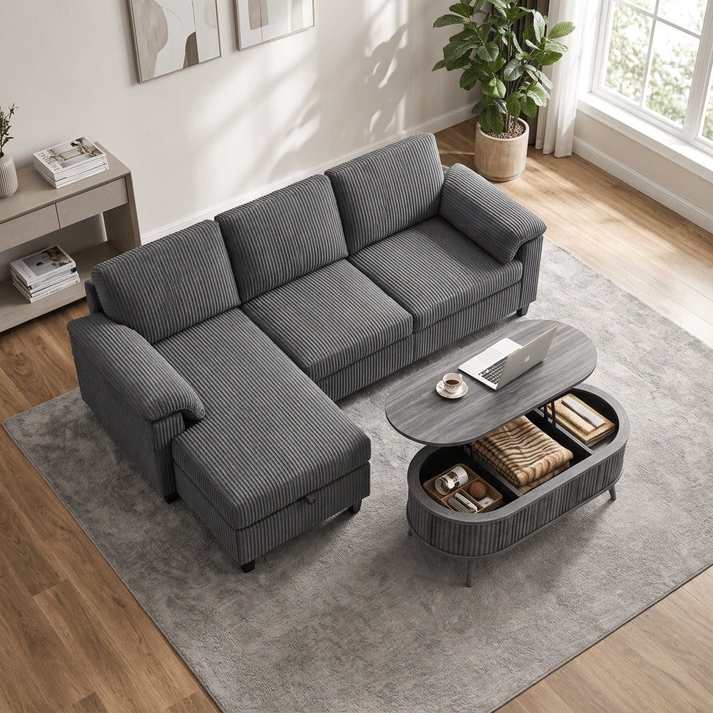 3-Seat L-Shaped Corduroy Sectional Sofa with Lift-Top Oval Coffee Table Set, Gray-3