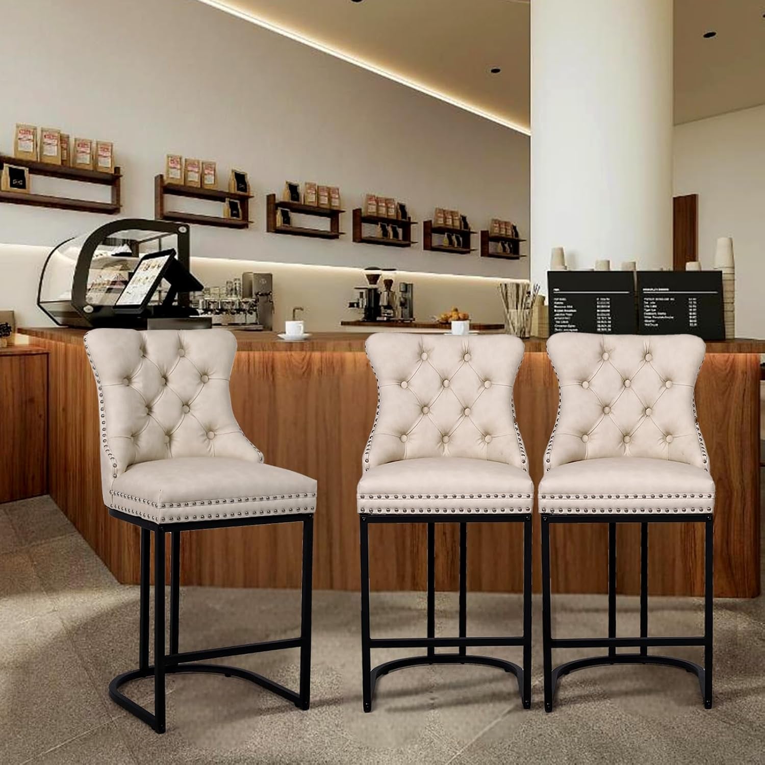 24 Inch Counter Height Bar Stools Beige With Back Faux Leather-4