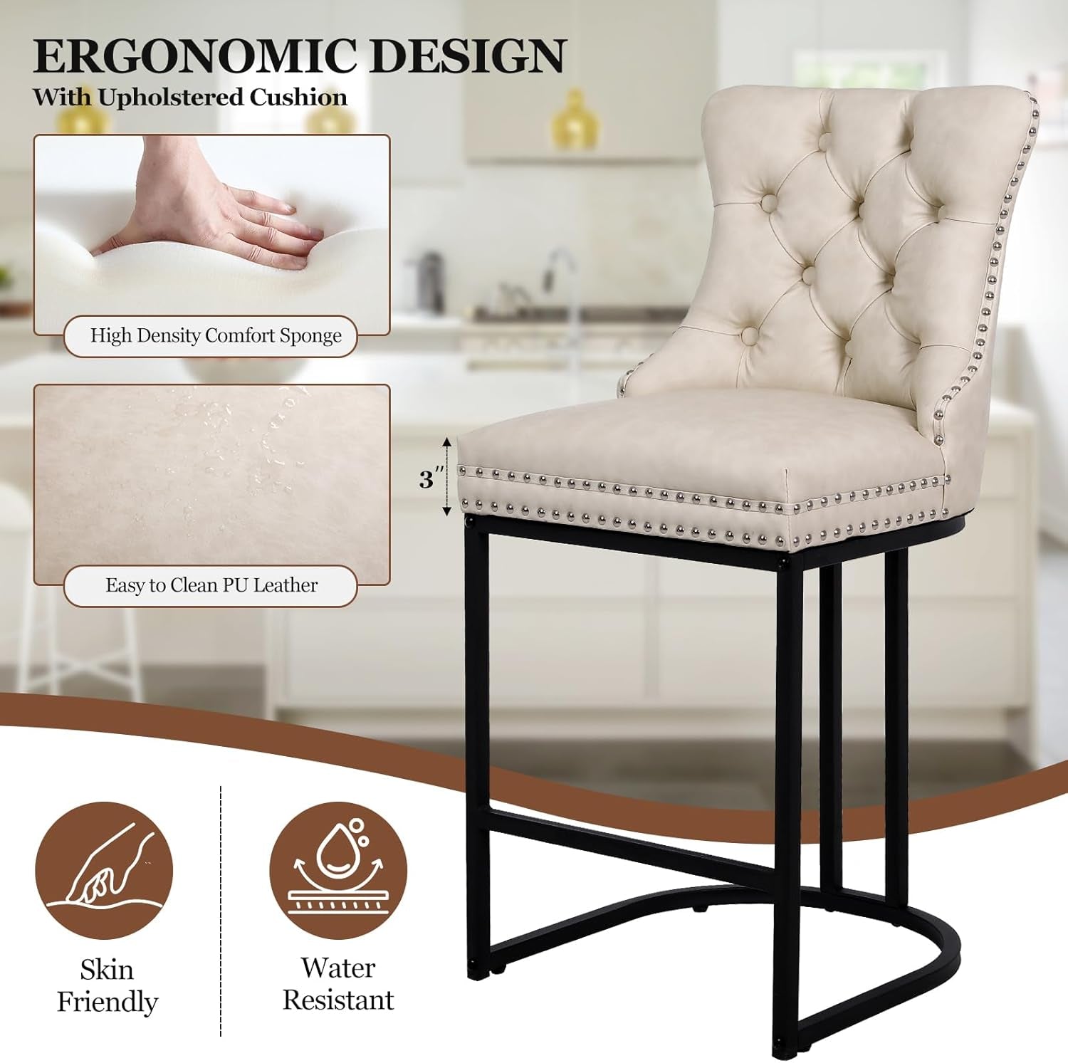 24 Inch Counter Height Bar Stools Beige With Back Faux Leather-3