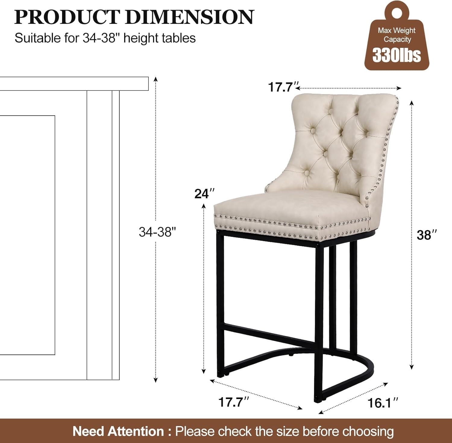 24 Inch Counter Height Bar Stools Beige With Back Faux Leather-1