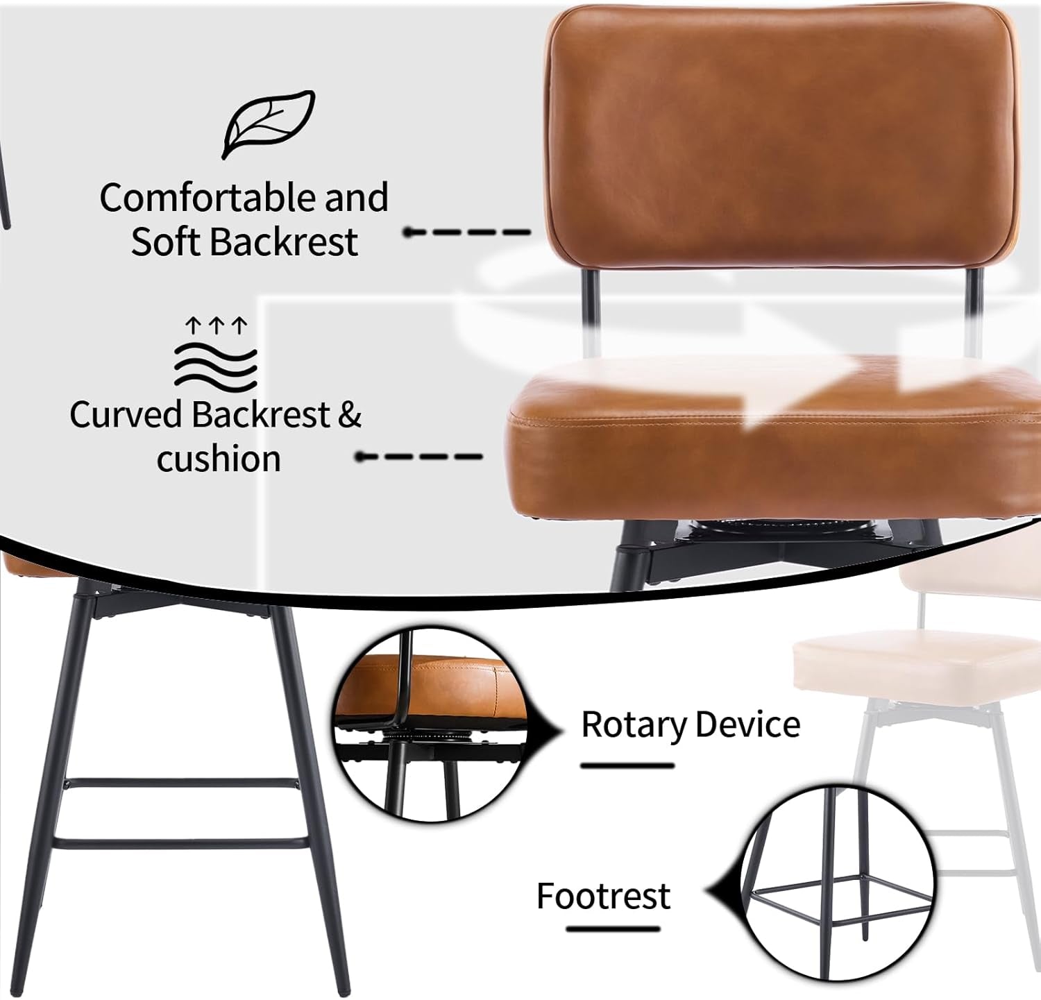 Counter Height Swivel Bar Stools Set of 2, 26" Seat Height Counter Bar Stool for Kitchen Island, Upholstered PU Leather Barstools with Wood Backs and Metal Legs, Brown-3