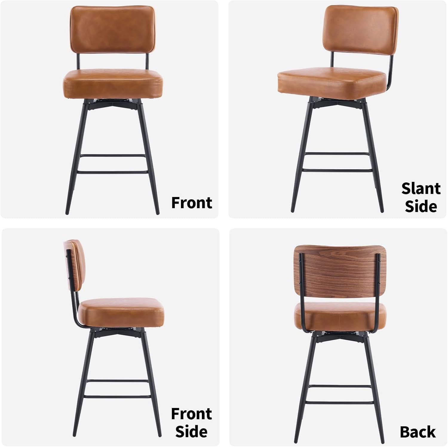 Counter Height Swivel Bar Stools Set of 2, 26" Seat Height Counter Bar Stool for Kitchen Island, Upholstered PU Leather Barstools with Wood Backs and Metal Legs, Brown-2