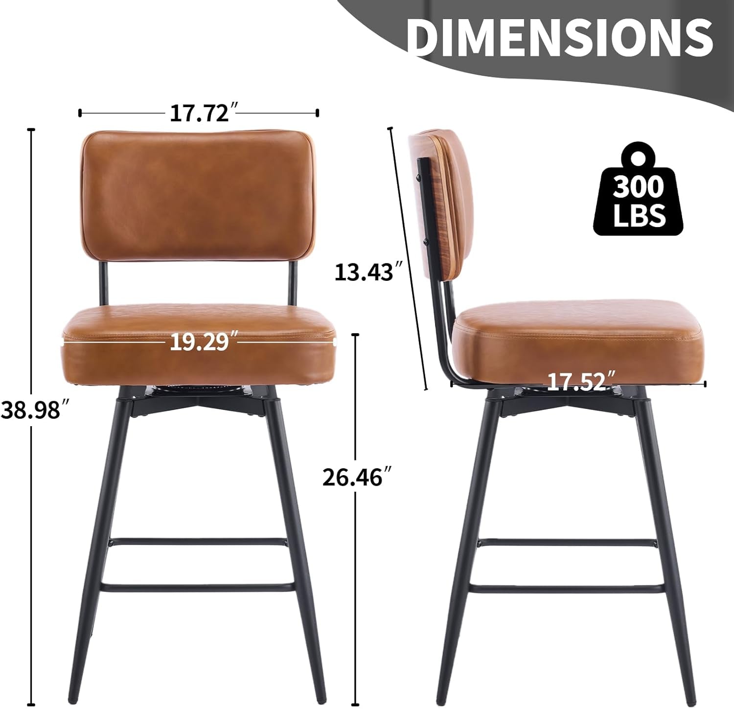 Counter Height Swivel Bar Stools Set of 2, 26" Seat Height Counter Bar Stool for Kitchen Island, Upholstered PU Leather Barstools with Wood Backs and Metal Legs, Brown-1