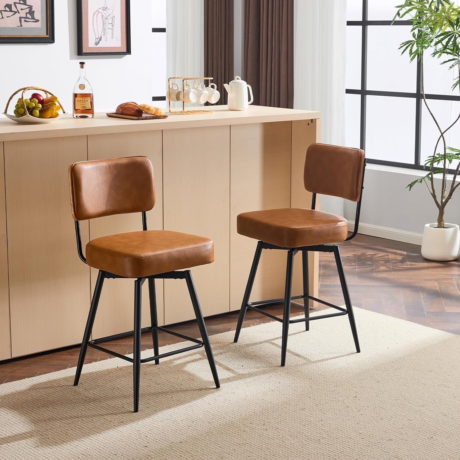 Counter Height Swivel Bar Stools Set of 2, 26" Seat Height Counter Bar Stool for Kitchen Island, Upholstered PU Leather Barstools with Wood Backs and Metal Legs, Brown-0