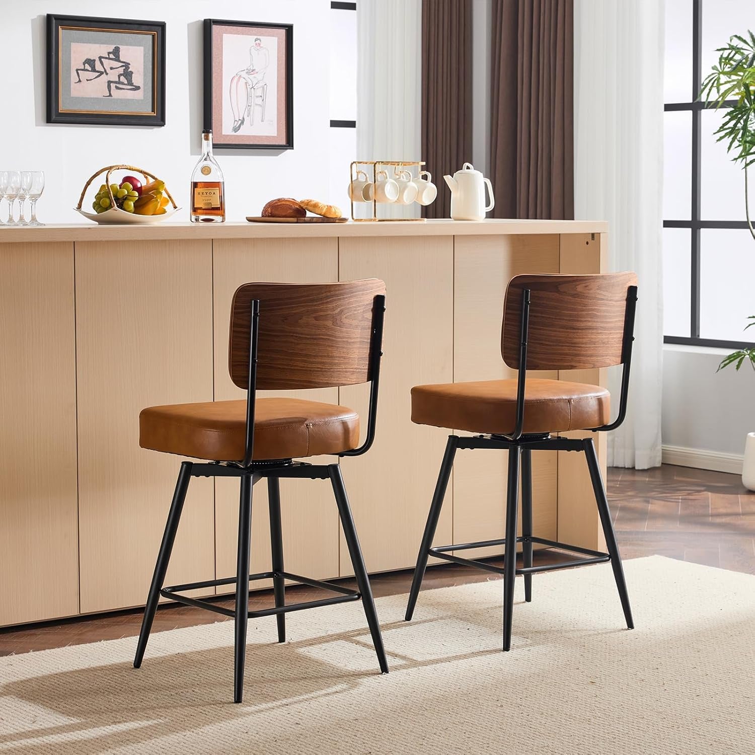 Counter Height Swivel Bar Stools Set of 2, 26" Seat Height Counter Bar Stool for Kitchen Island, Upholstered PU Leather Barstools with Wood Backs and Metal Legs, Brown-4