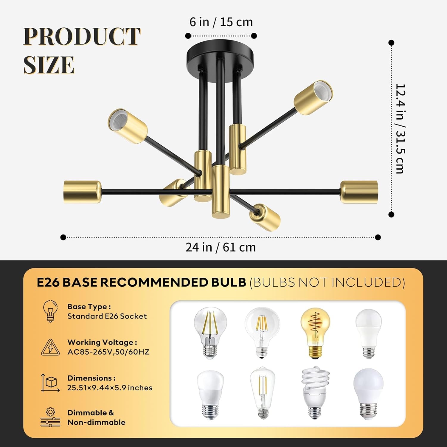 Modern Sputnik Chandelier Ceiling Light 6 Lights Black-1