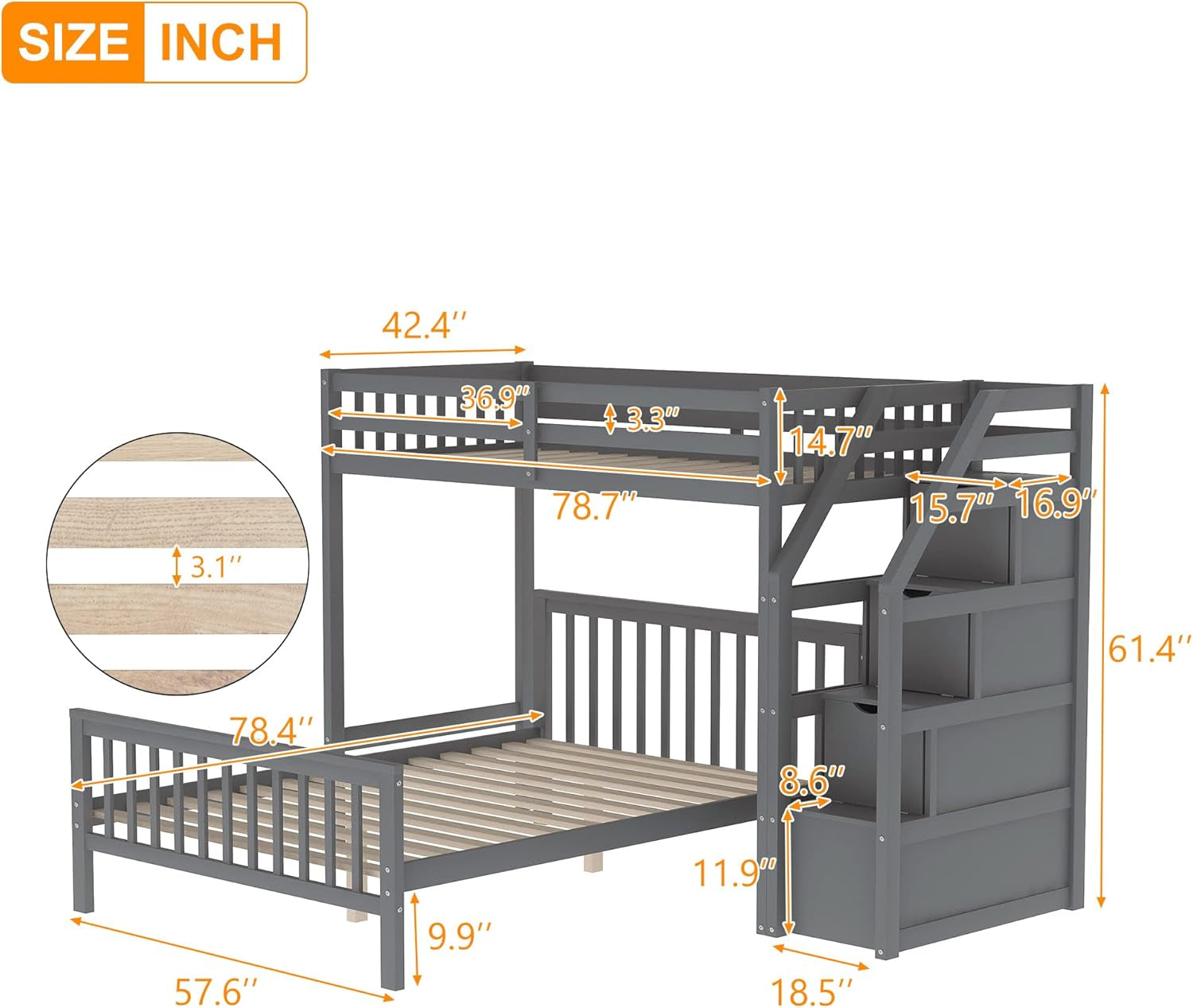 Gray Twin Over Full Bunk Bed with Stairs-2