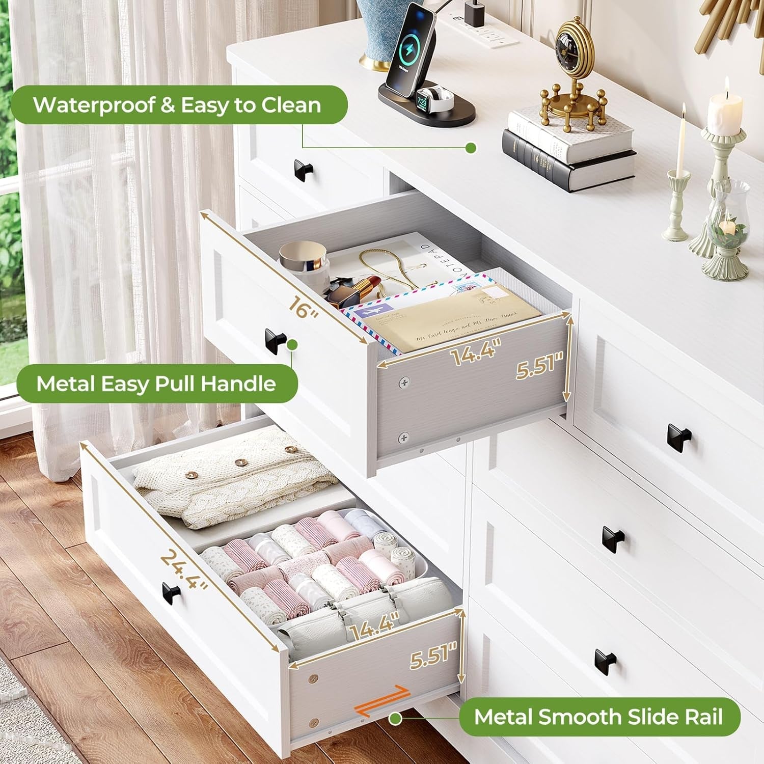 White Dresser for Bedroom with 9 Drawers, 51.2" Large Drawer Dresser with Charging Station, Wide Farmhouse Dresser Chest of Drawers, Wooden Storage Tower Organizer, Dresser for Bedroom Closet-3