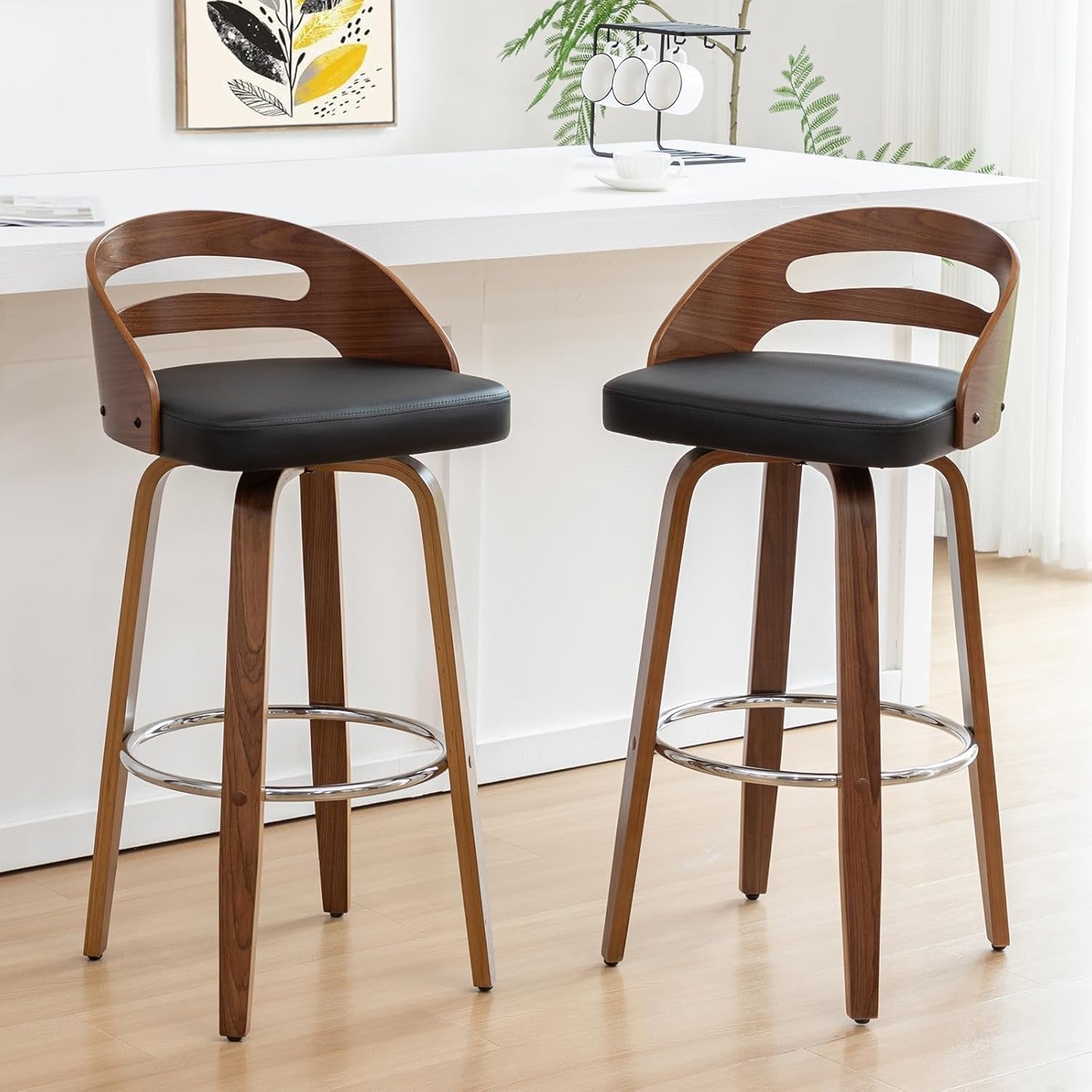 Bar Stools Set of 2, Swivel Bar Stools with Walnut Craftsmanship, Bentwood Curved Back, Upholstered Faux Leather, Soft Cushion Seat, Mid Century Barstools for Bar/Pub/Cafe (Black, 30" Seat Height)-0