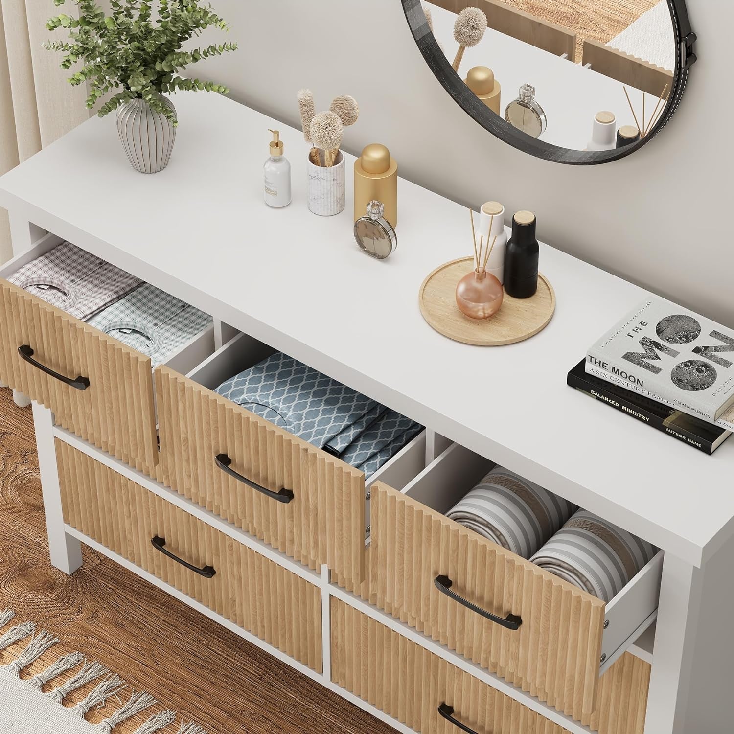White 7 Drawer Fluted Dresser with Wood Legs-3