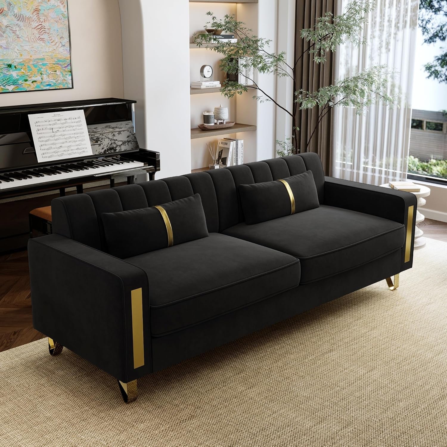 Loveseat Couch for Living Room, 86" Black Velvet Sofa Couch with 2 Pillows & Gold Metal Legs, Modern Upholstered Sofa Love Seat Sectional Couches for Apartment Home Office-3