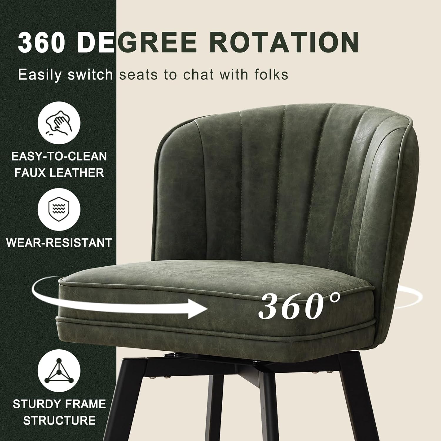 Swivel Counter Height Bar Stools Set of 2, 26'' Modern Barstools with Backs and Metal Legs, Upholstered Bar Chairs, Faux Leather Green Stools for Kitchen Island Chairs-2