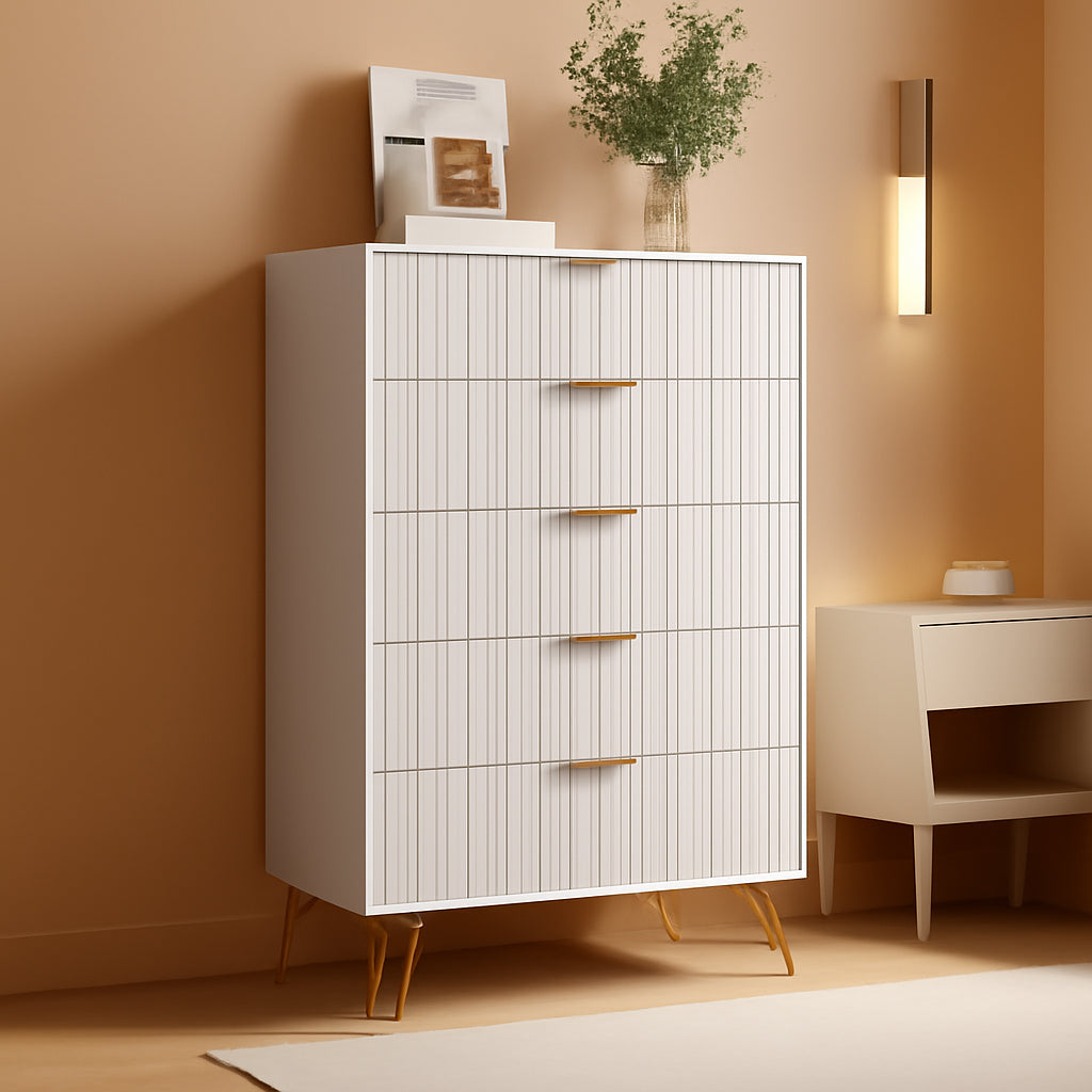 White Contemporary Fluted Dresser Featuring Gold Pulls-0