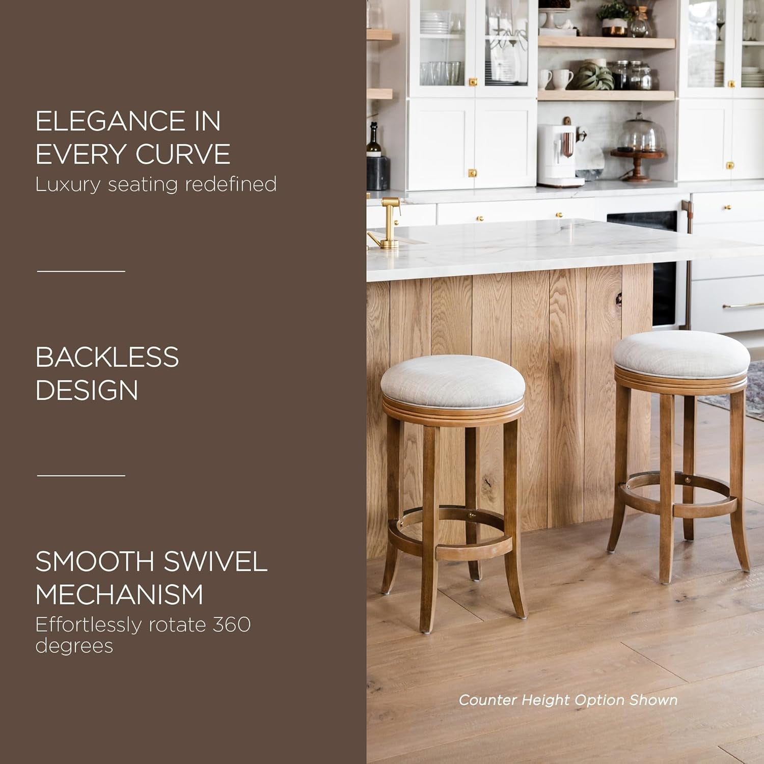 Eva 31 Inch Bar Height Backless Swivel Bar Stool Weathered Oak Sand Fabric-3