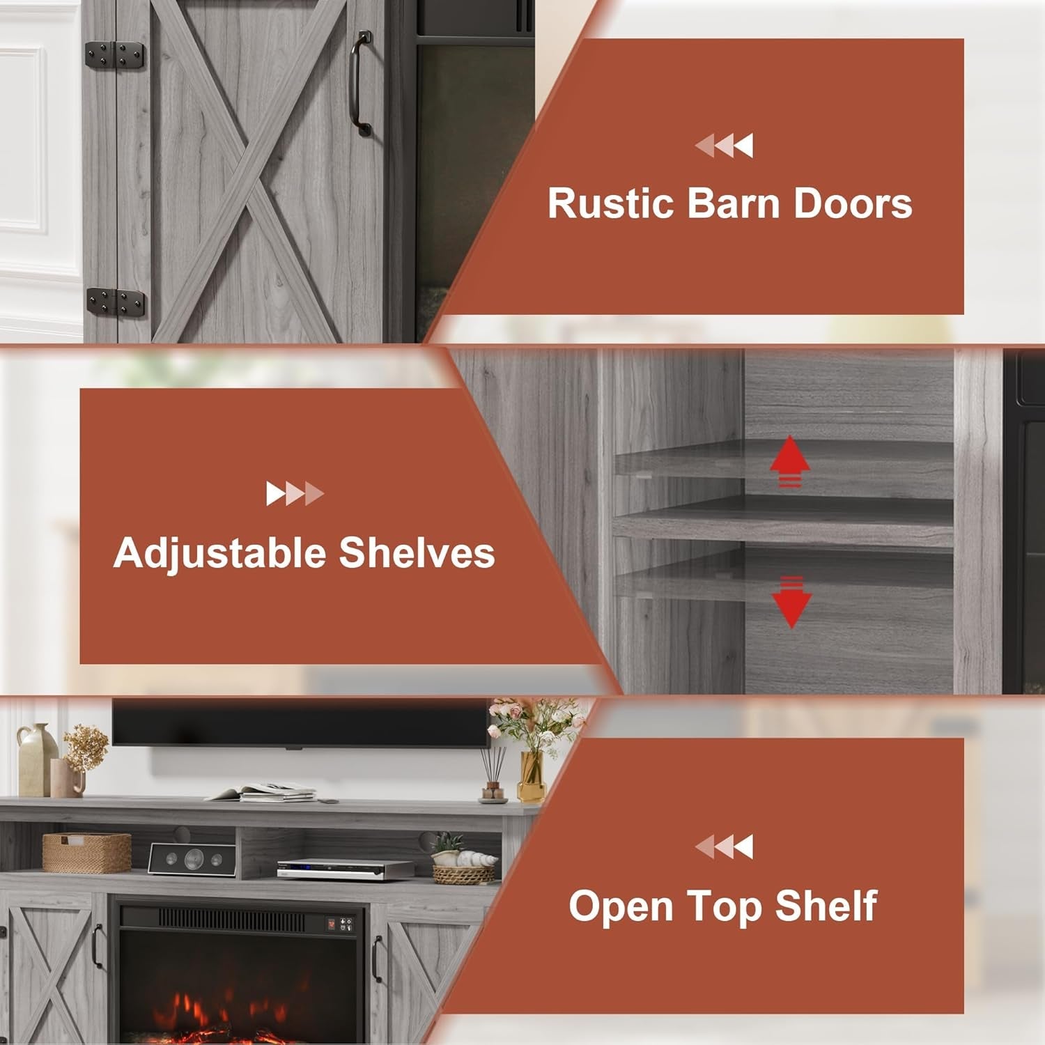 Farmhouse Fireplace TV Stand for Tvs up to 65 Inch Highboy Entertainment Center with Open Storage and Side Cabinets Rustic Media Console Table with Barn Doors for Living Room (Grey Wash)-3