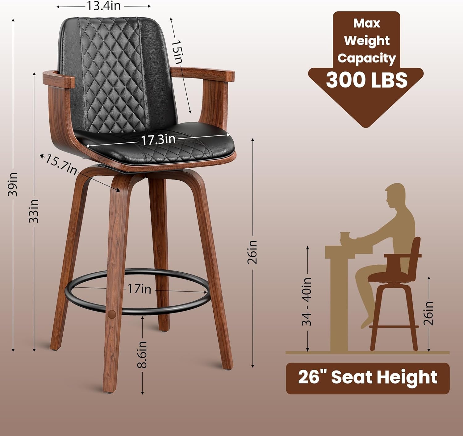 Set Of 3 26 Inch Bar Stools Black PU Leather Upholstery-1