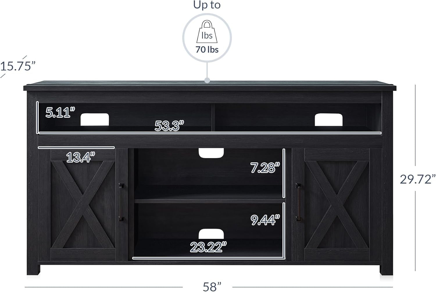 58 Inch TV Stand, Contemporary Entertainment Center for Tvs up to 65", Wood Media Console Table with Two Open Shelves and Barn Door Cabinets - Corin (Rustic Grey)-4