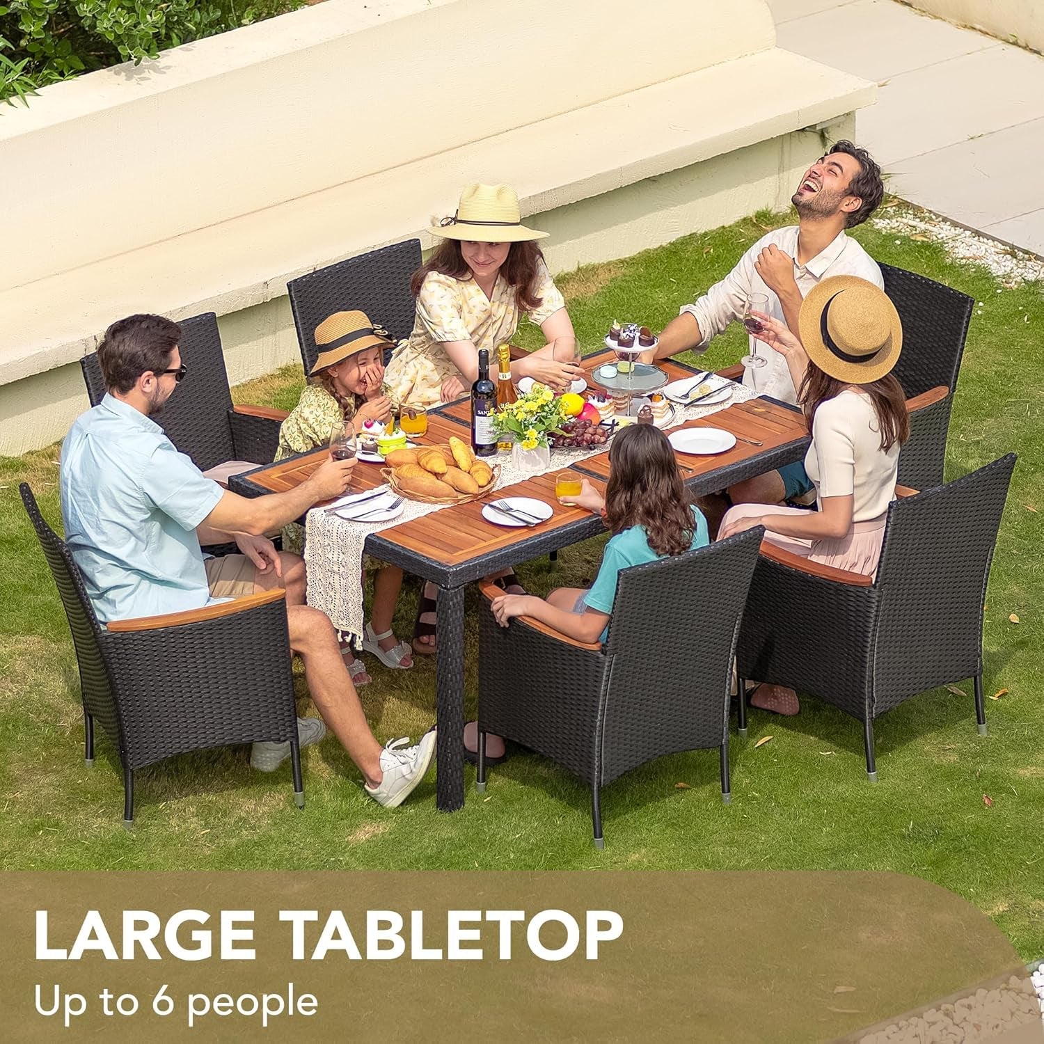 7 Piece Patio Dining Set Acacia Wood Table Black Rattan-3