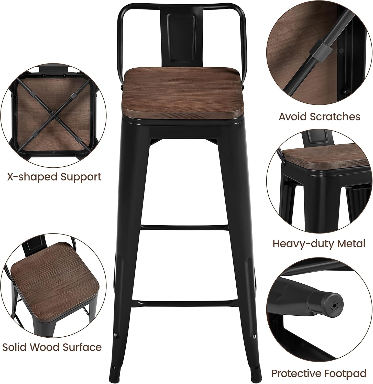 30" Metal Barstools Set of 4 Bar Height Bar Stools with Wooden Top Low Back Industrial Bar Stools Metal Stool for Indoor-Outdoor Counter Stools with Wooden Seat Matte Black-4