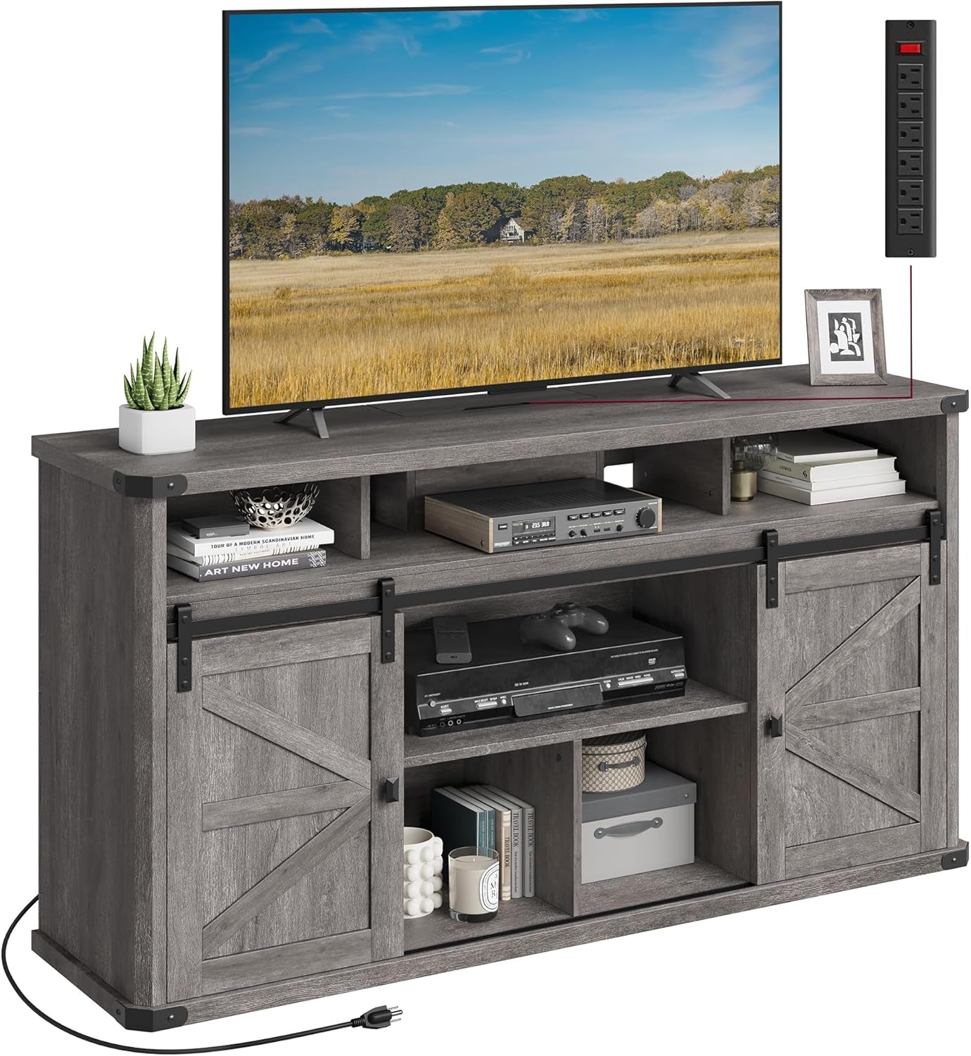 TV Stand for Tvs up to 65 Inches, Farmhouse Entertainment Center with Sliding Barn Doors, TV Console Table for Living Room, Misty Gray ULTV322G68-0