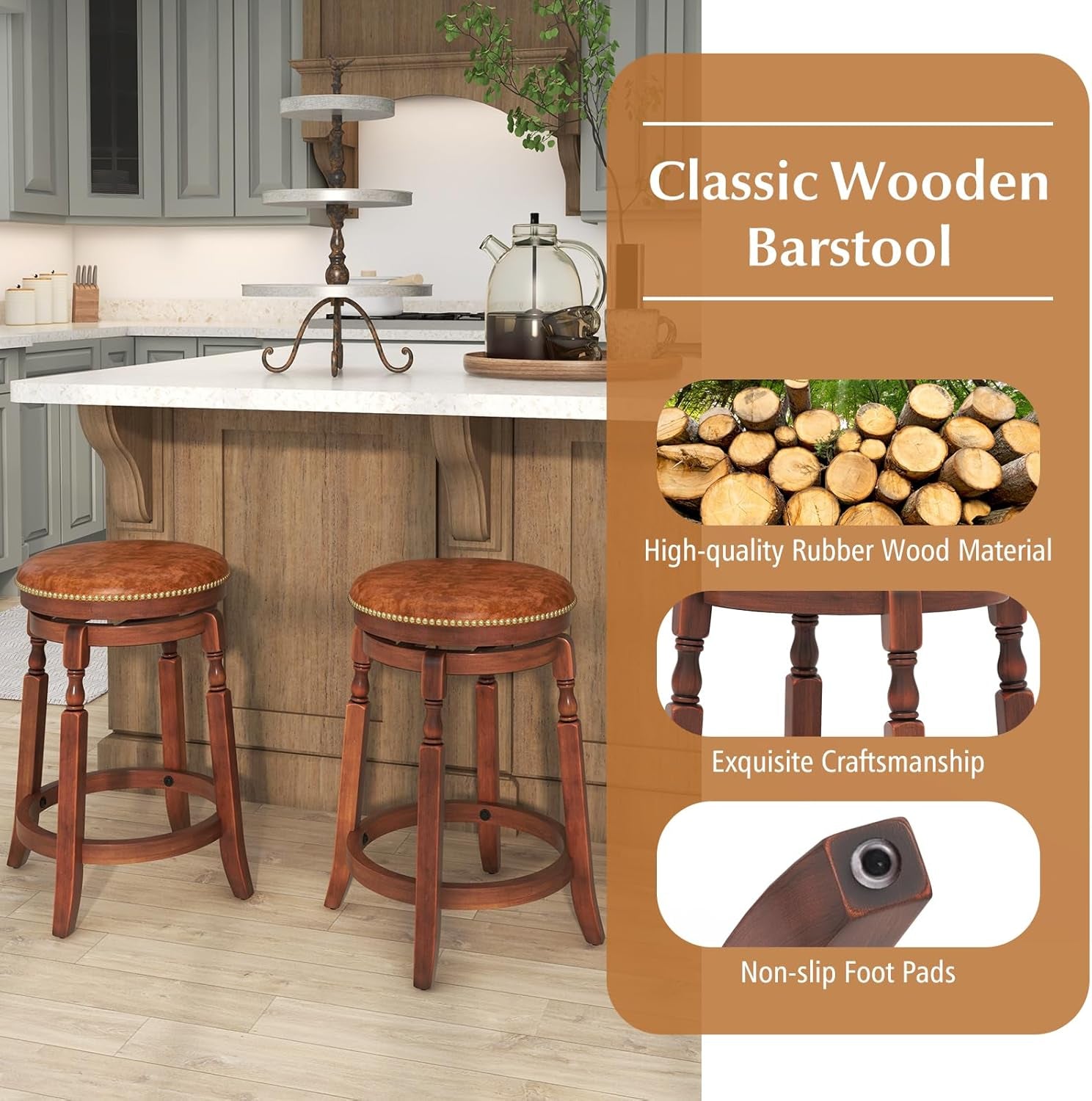 24" Swivel Bar Stools Set of 2, Farmhouse Counter Height Stools with Upholstered Seat & Rubber Wood Frame, round Backless Kitchen Stools, Barstools for Kitchen Island/Breakfast Nook, Walnut-4