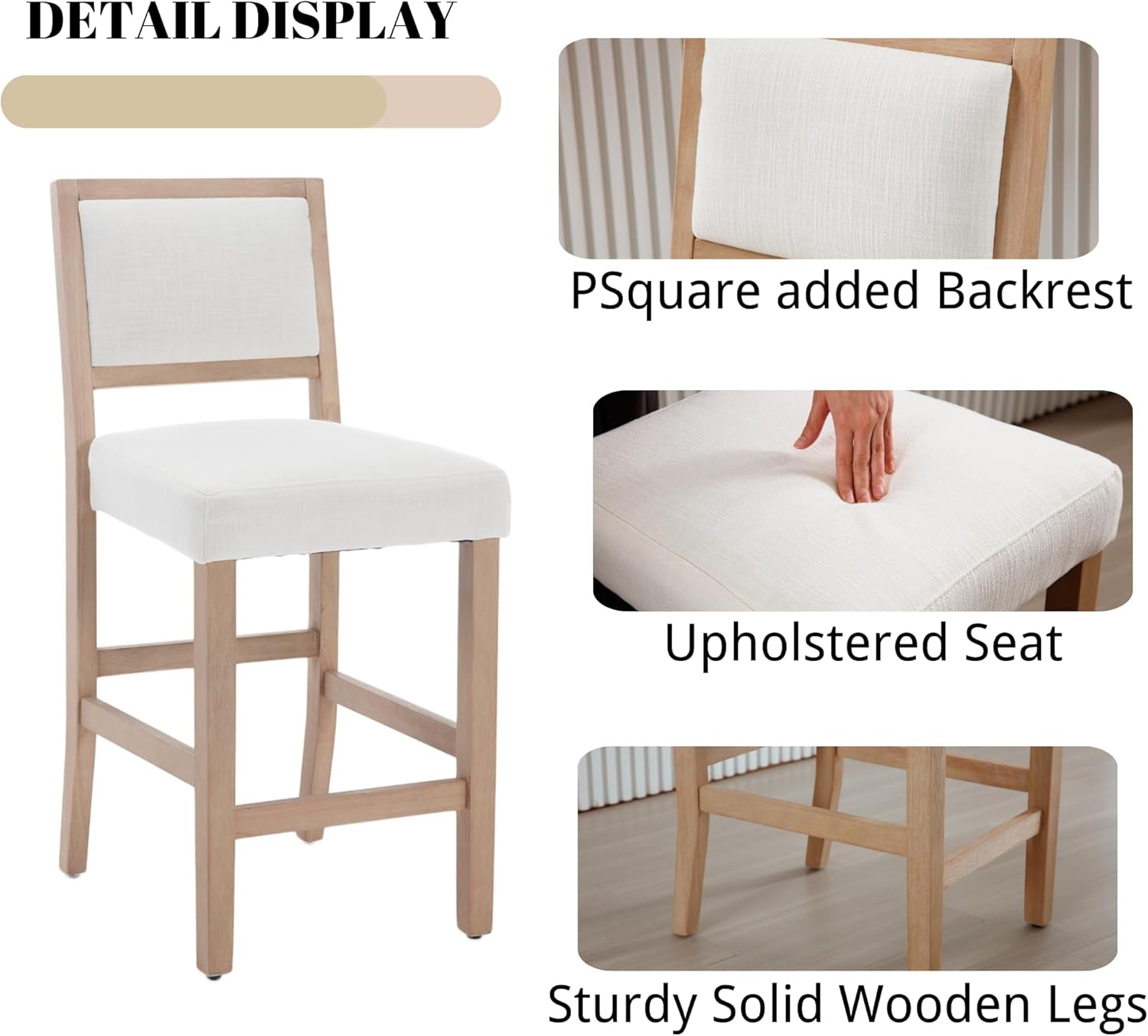 Beige Bar Stools Set Of 2 26 Inch Counter Height Backrest-3